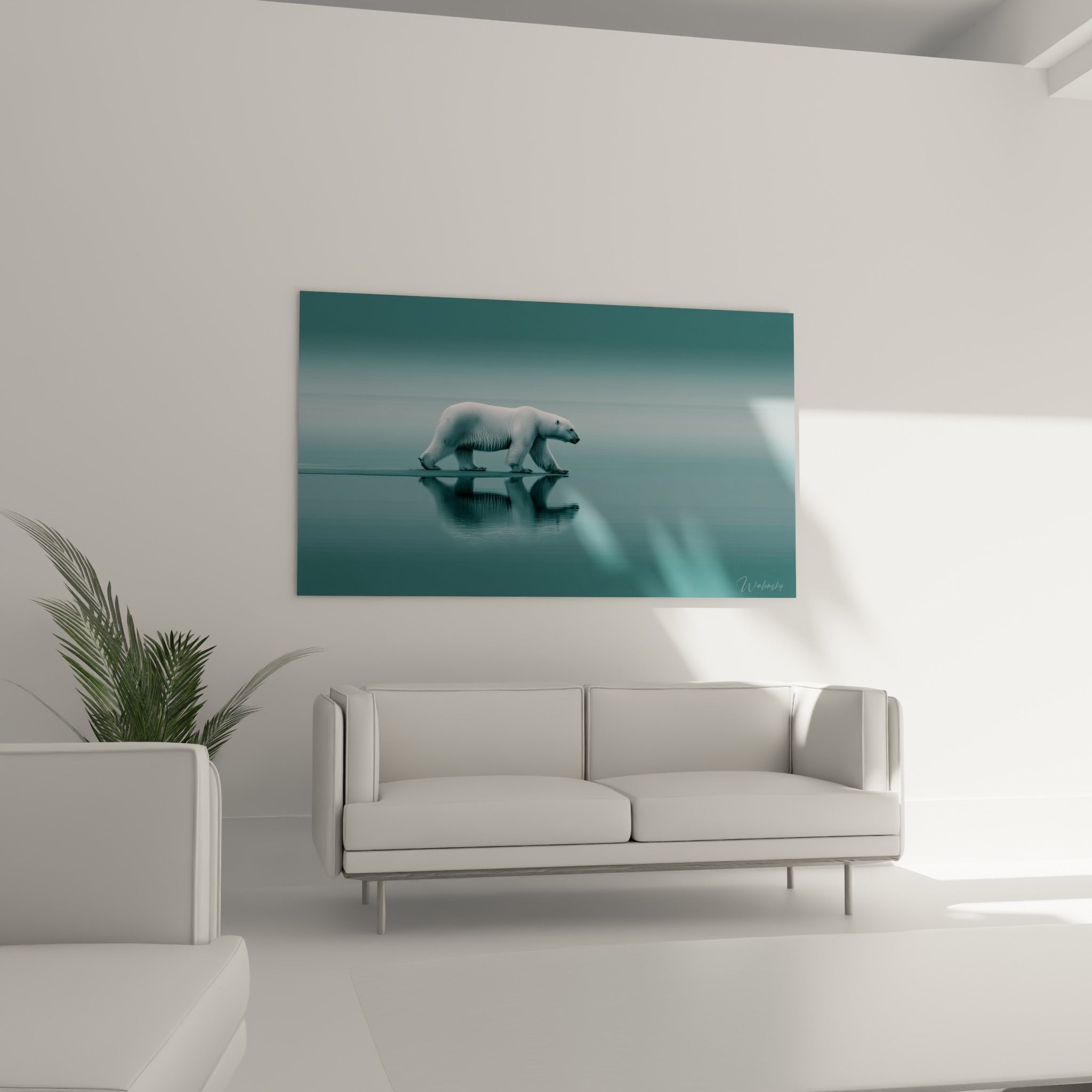 Ours polaire blanc et reflet bleu marine sur surface glacée, au-dessus d'un canapé dans un salon lumineux