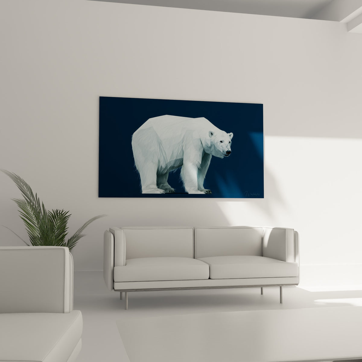 Ours polaire immaculé au pelage anguleux sur fond anthracite, suspendu au-dessus d'un canapé dans un salon lumineux