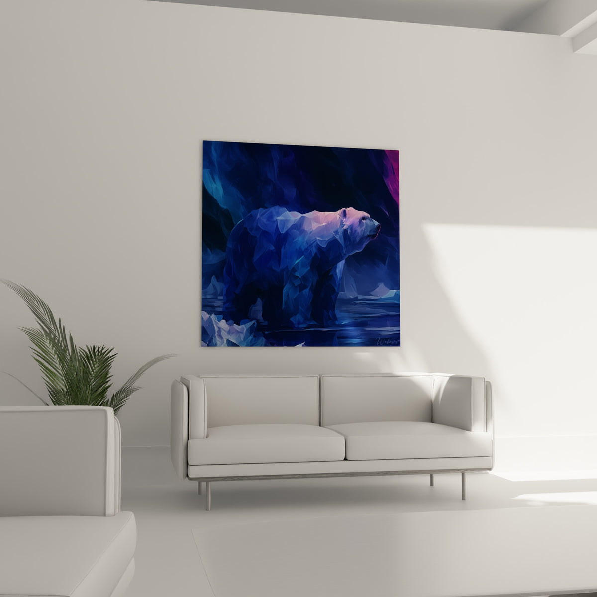 Profil d'ours polaire anthracite et pourpre suspendu au-dessus d'un canapé dans un salon lumineux