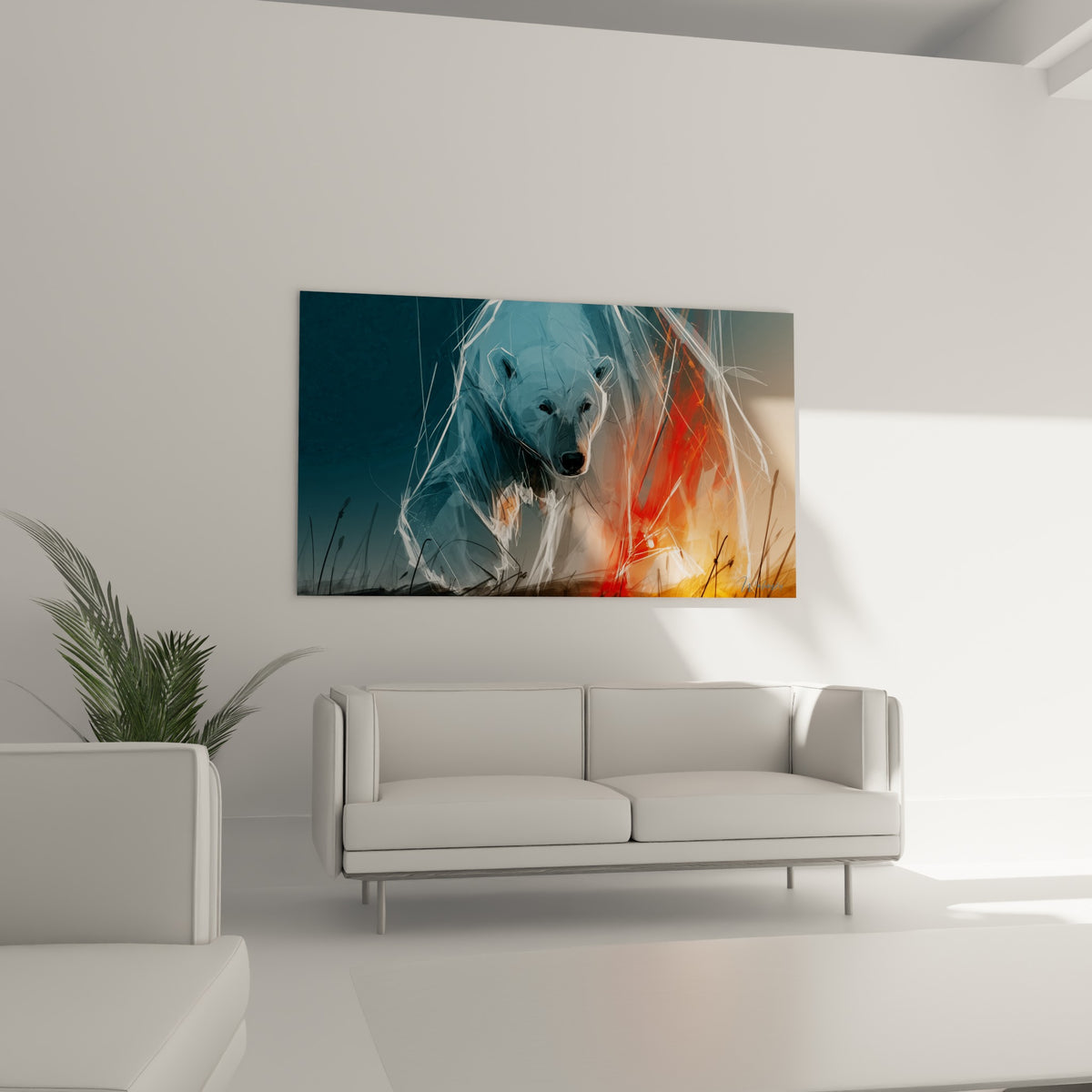 Silhouette d'ours polaire griffée de blanc, contraste anthracite et terracotta, au-dessus d'un canapé dans un salon lumineux