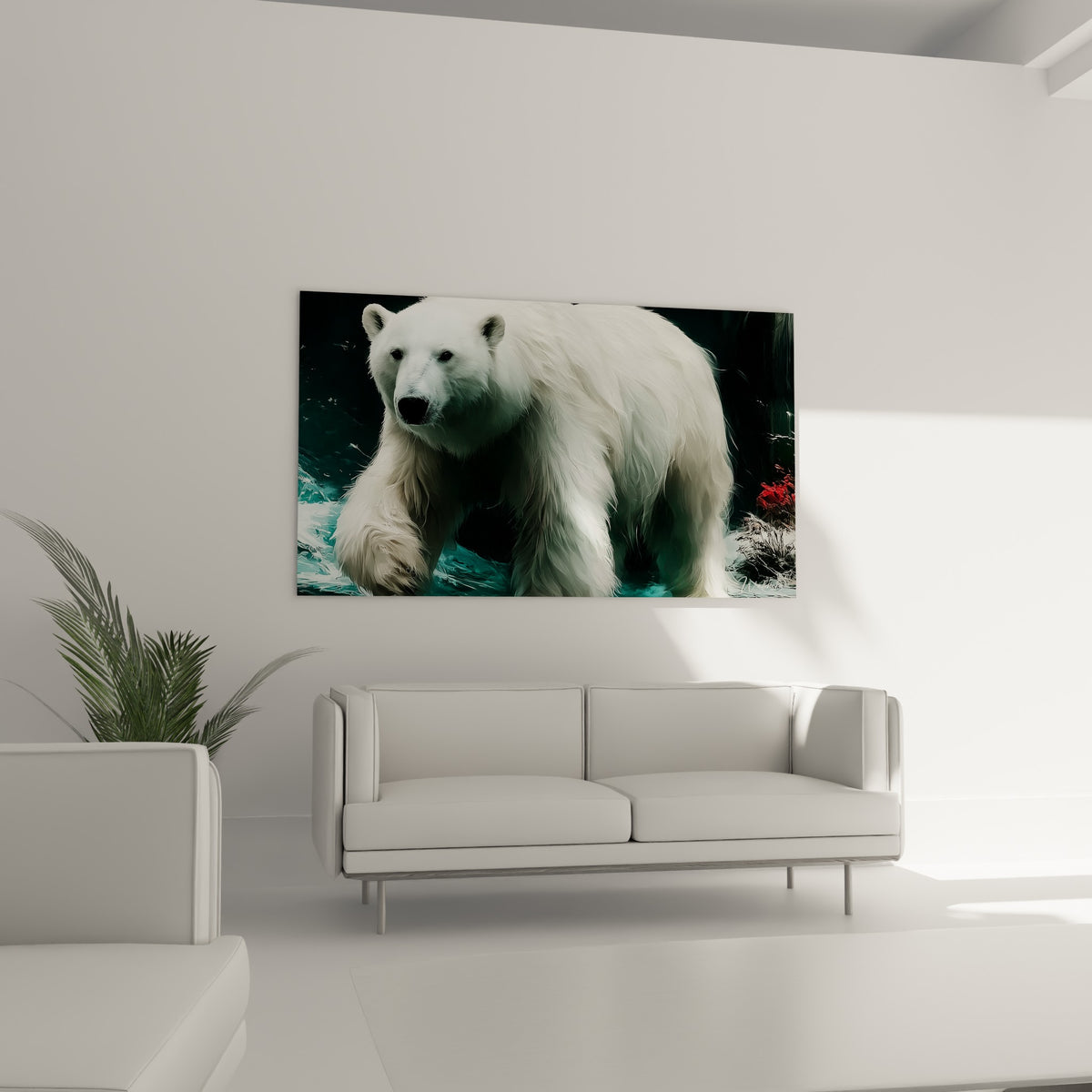 Ours polaire blanc avançant sur fond anthracite avec touche rouge, au-dessus d'un canapé dans un salon lumineux