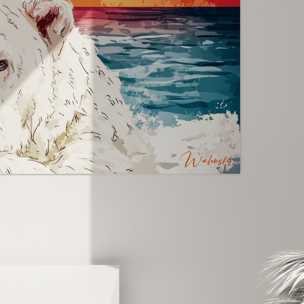 Empâtements et touches aquarelle visibles sur la fourrure blanche et les reflets orangés de l'ours polaire