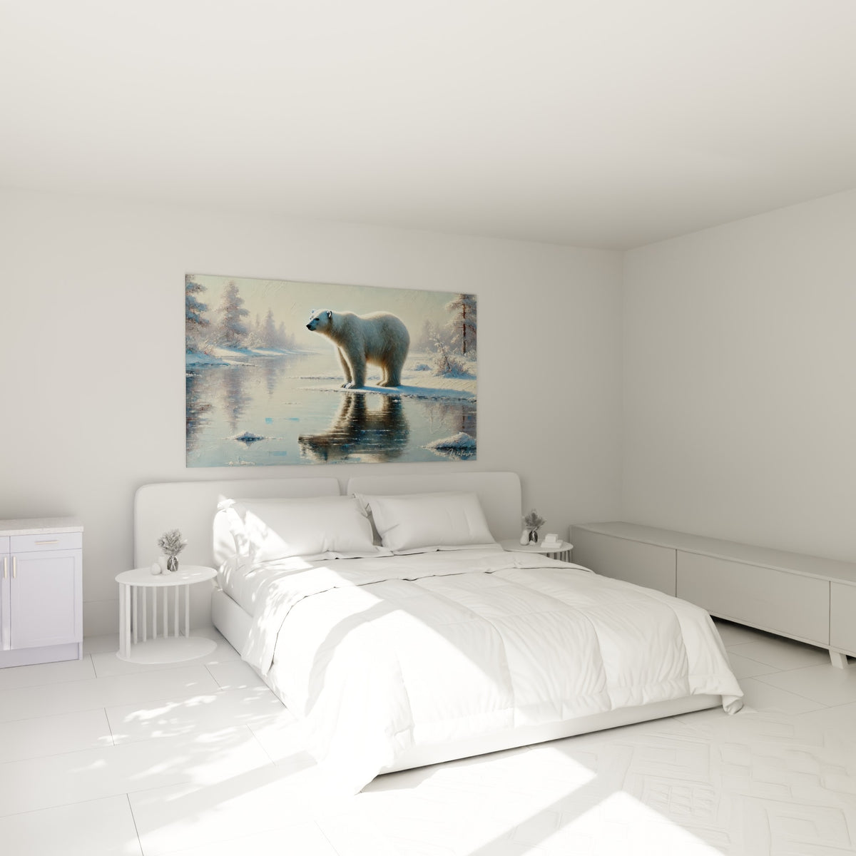 Ours polaire blanc et bleu glacier au bord de l'eau, au-dessus d'un lit dans une chambre claire