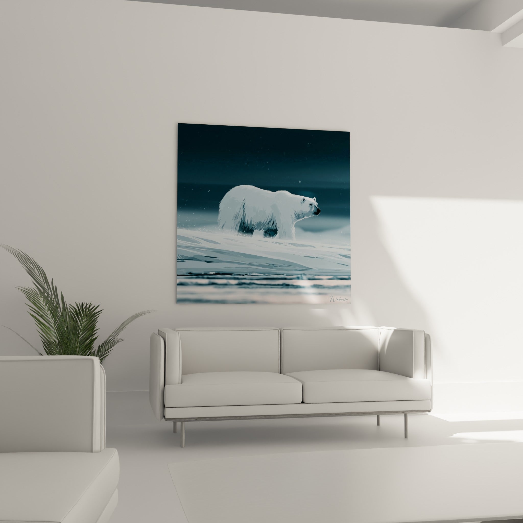 Animal polaire blanc avançant sur banquise bleutée, disposé au-dessus d'un canapé dans un salon lumineux