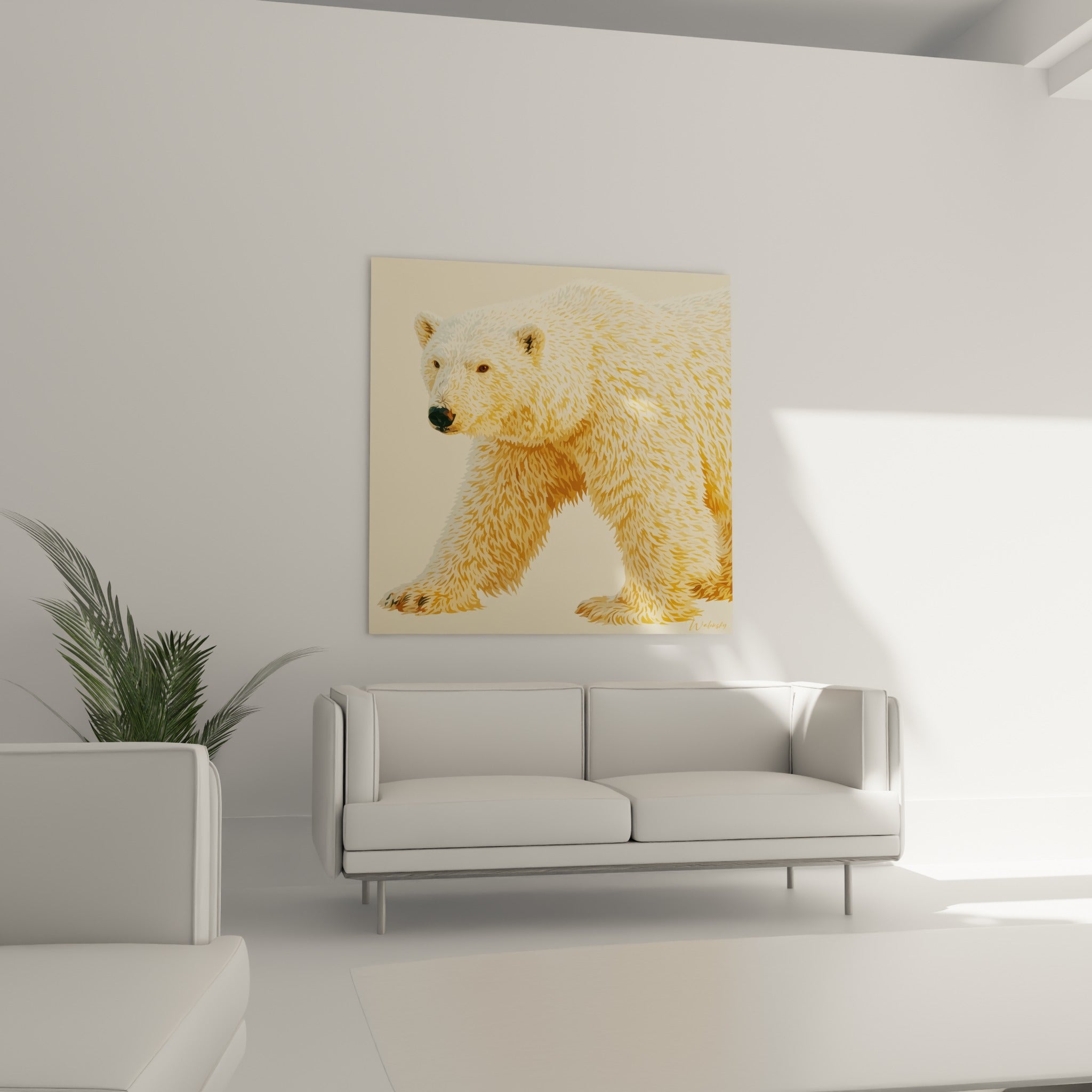 Démarche paisible d'un ours polaire beige et ocre au-dessus d'un canapé dans un salon lumineux