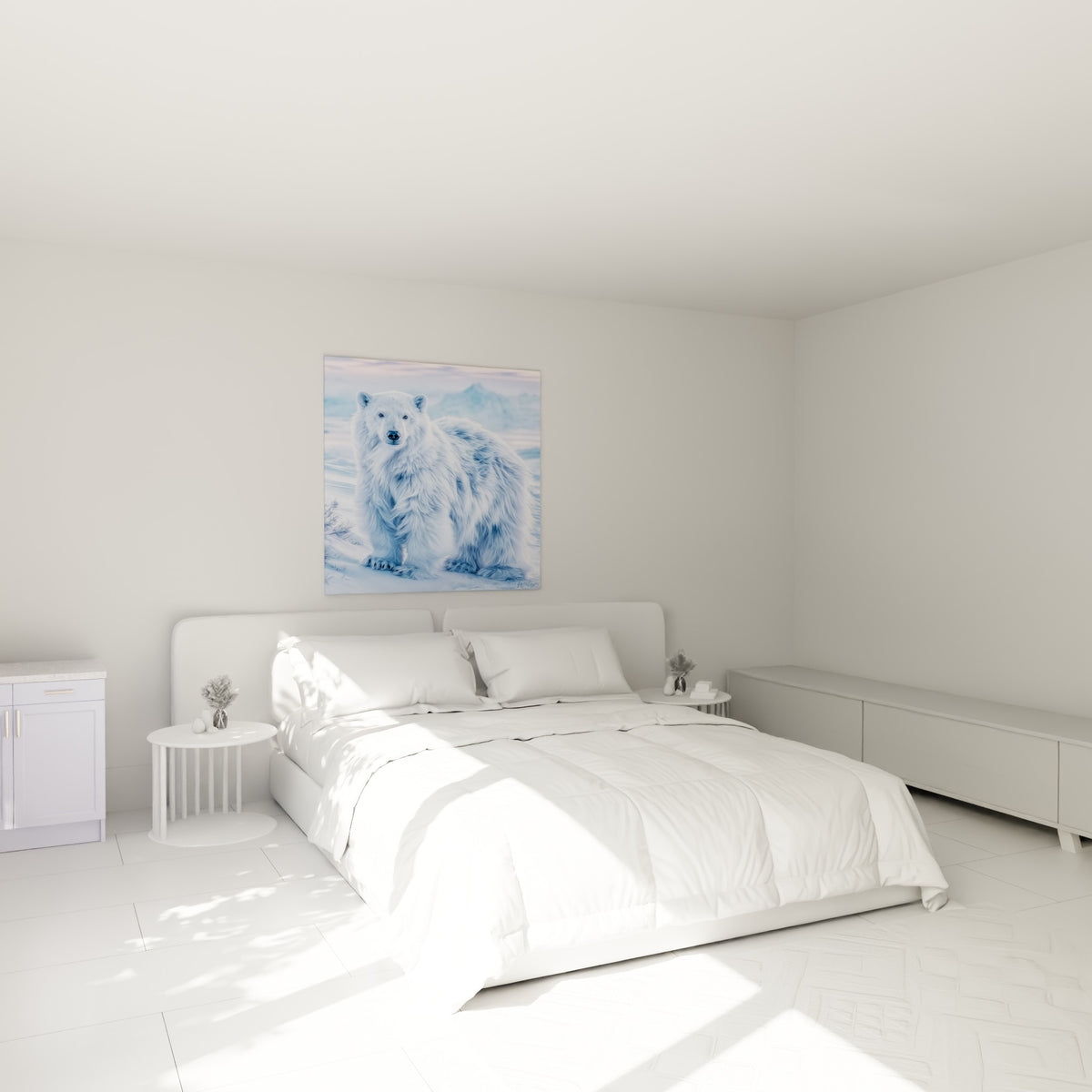 Silhouette d'ours polaire blanc et bleu pastel accrochée au-dessus d'un lit dans une chambre claire
