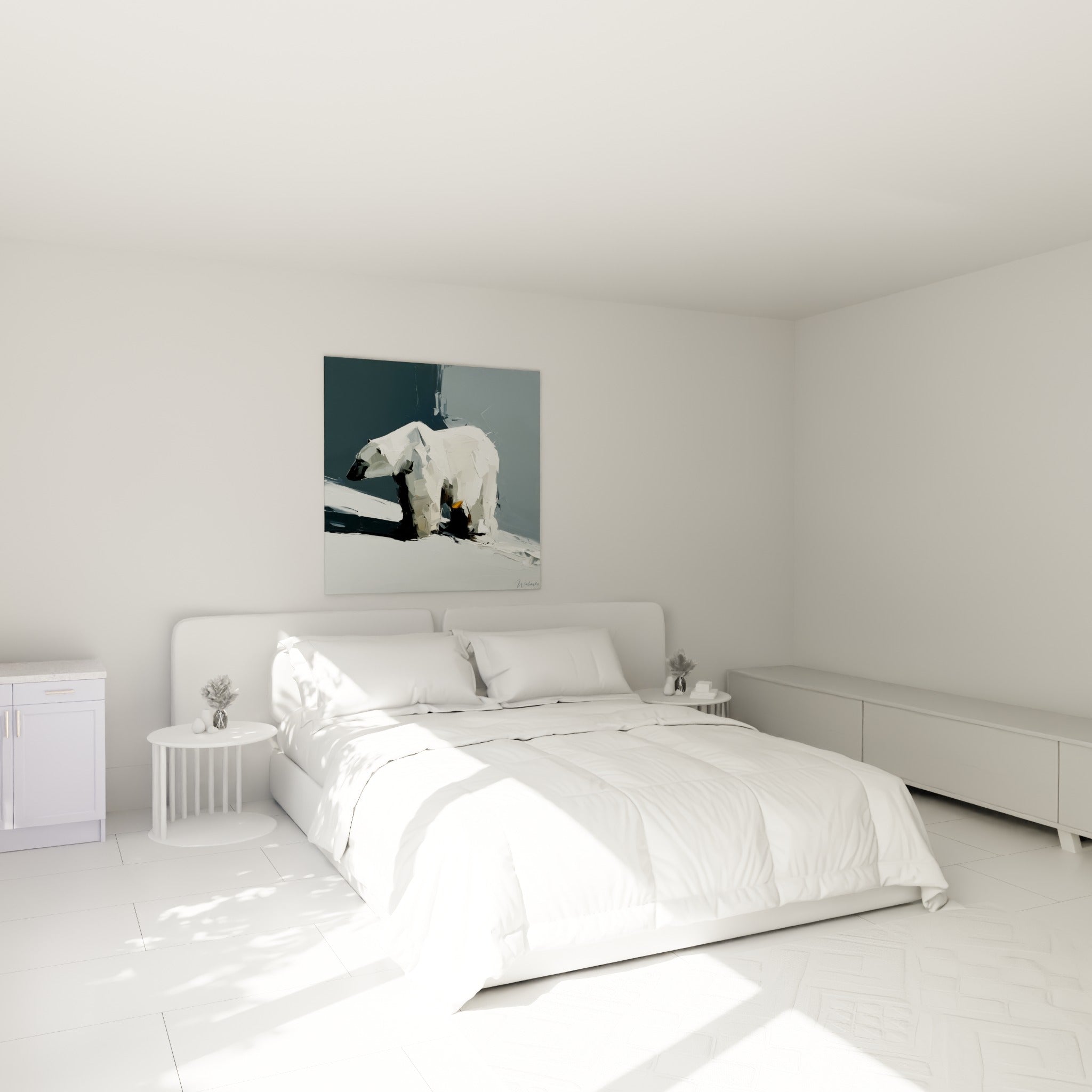 Ours polaire crème et anthracite en marche, au-dessus d'un lit dans une chambre claire