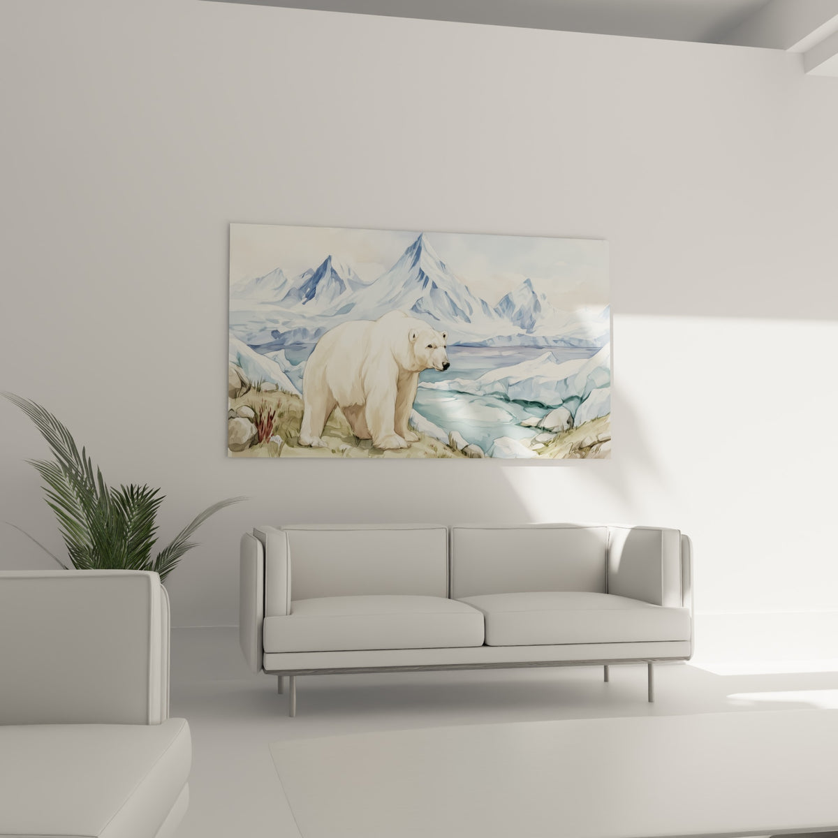 Animal blanc au pelage clair marchant près d'une eau turquoise, au-dessus d'un canapé dans un salon lumineux