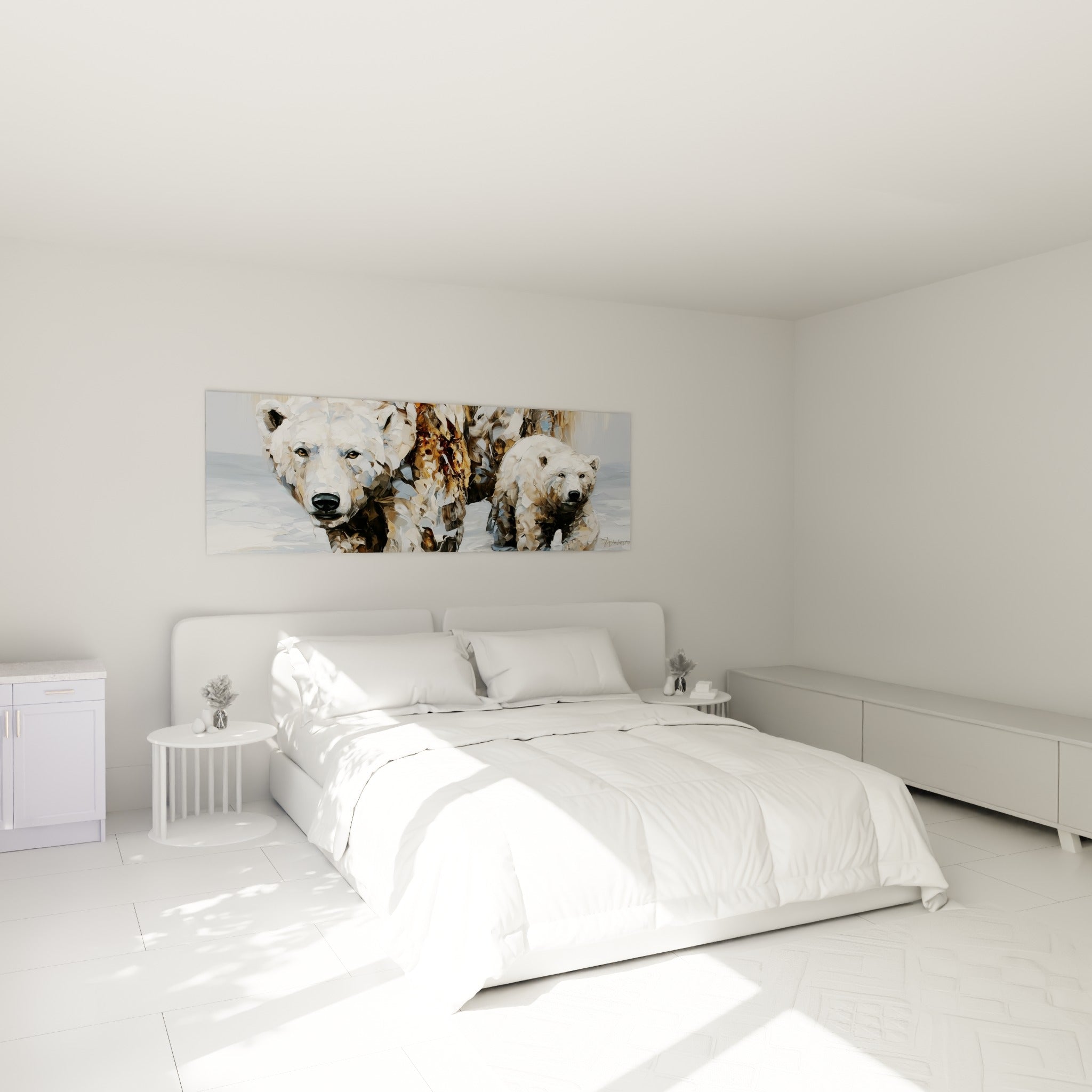 Ours polaire ocre et blanc en peinture texturée, accrochée au-dessus d'un lit dans une chambre claire