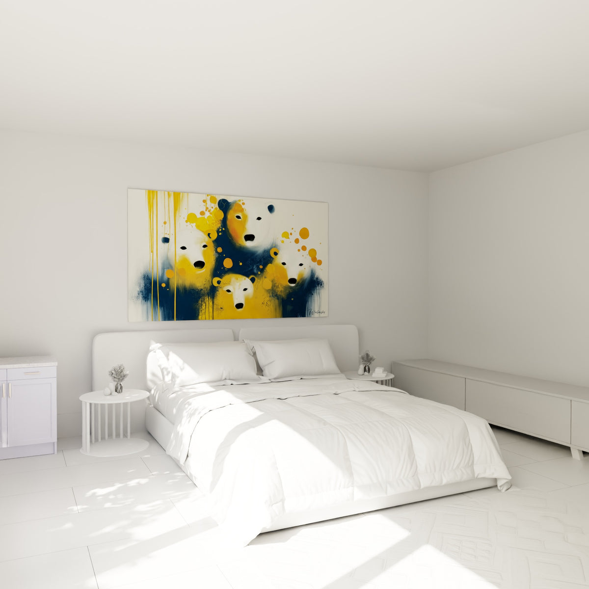 Museaux blancs d'ours polaire sur fond bleu marine et doré, accrochés au-dessus d'un lit dans une chambre claire.