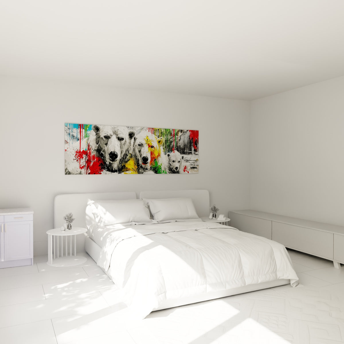 Quatre ours polaires blancs éclaboussés de vert et rouge, accrochés au-dessus d'un lit dans une chambre claire