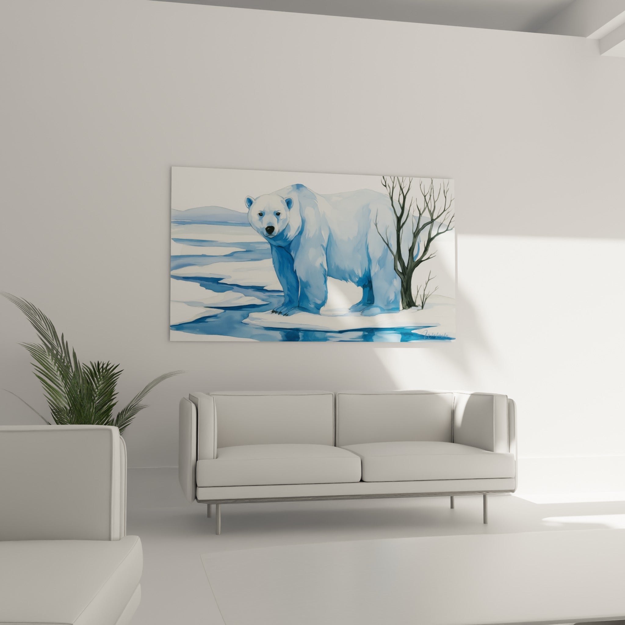 Ours polaire bleu marine sur glace fissurée, suspendu au-dessus d'un canapé dans un salon lumineux