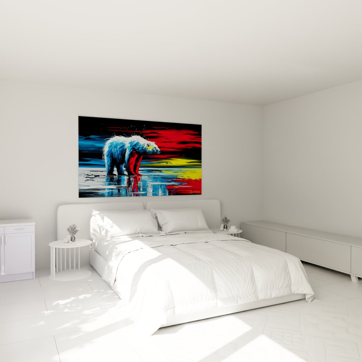 Silhouette d'ours polaire aux touches rouge et jaune accrochée au-dessus d'un lit dans une chambre claire