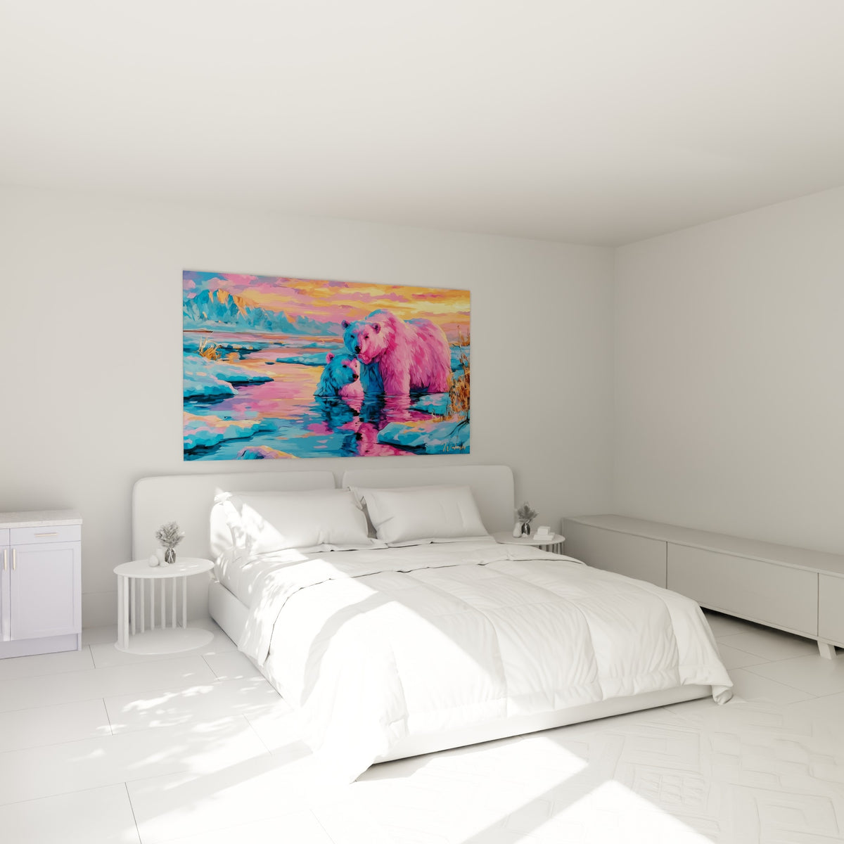 Ourse polaire rose et son petit bleu enlacés au-dessus d'un lit dans une chambre claire