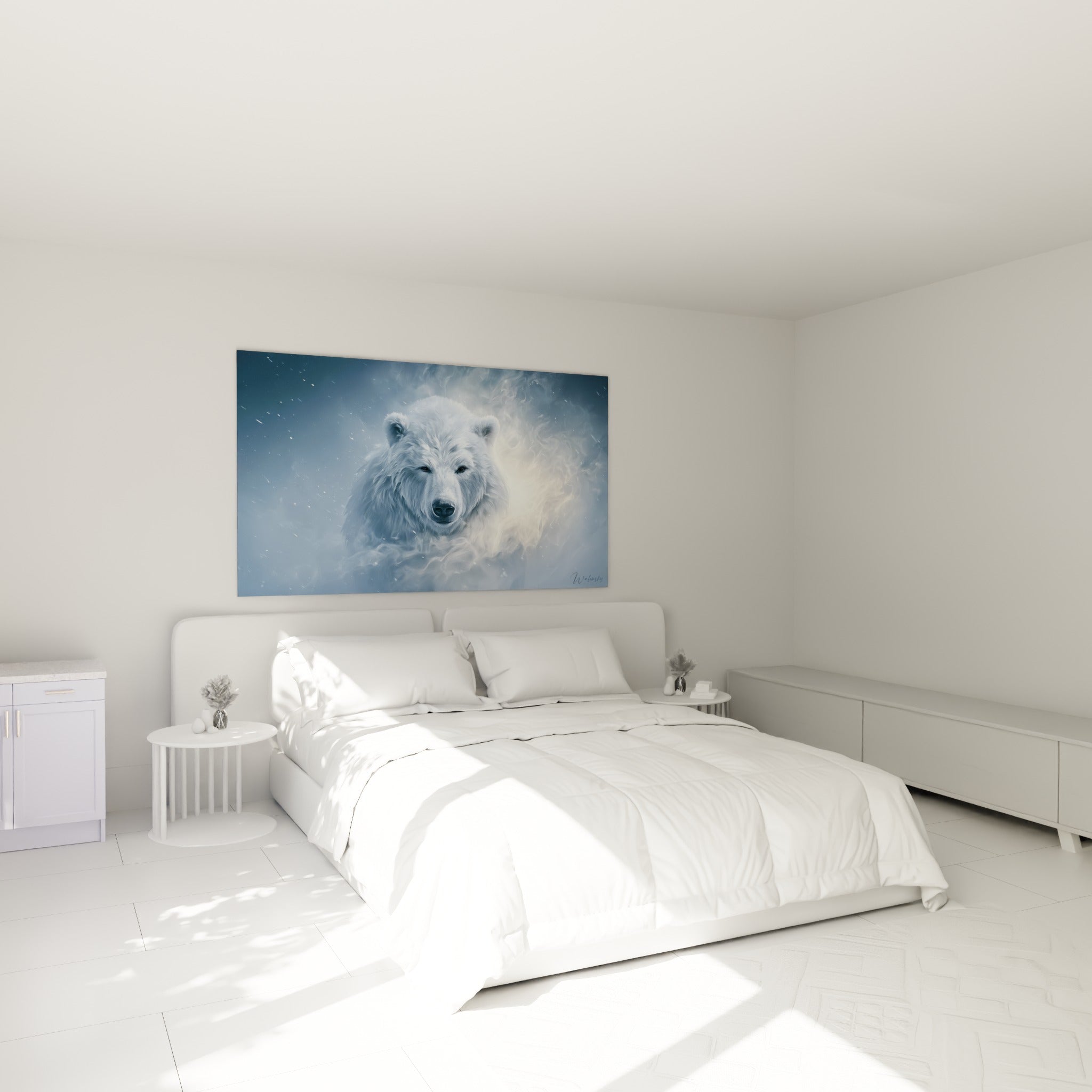 Ours polaire enveloppé de brume bleutée et de lumière ambrée, accroché au-dessus d'un lit dans une chambre claire