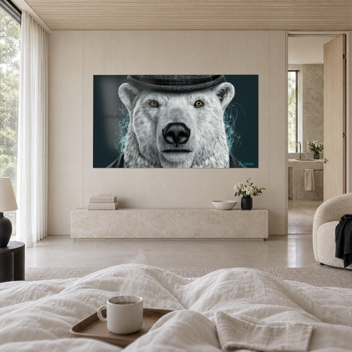 Tableau ours blanc élégant, museau noir et yeux dorés sur fond bleu pétrole, au-dessus d'un lit dans une chambre claire