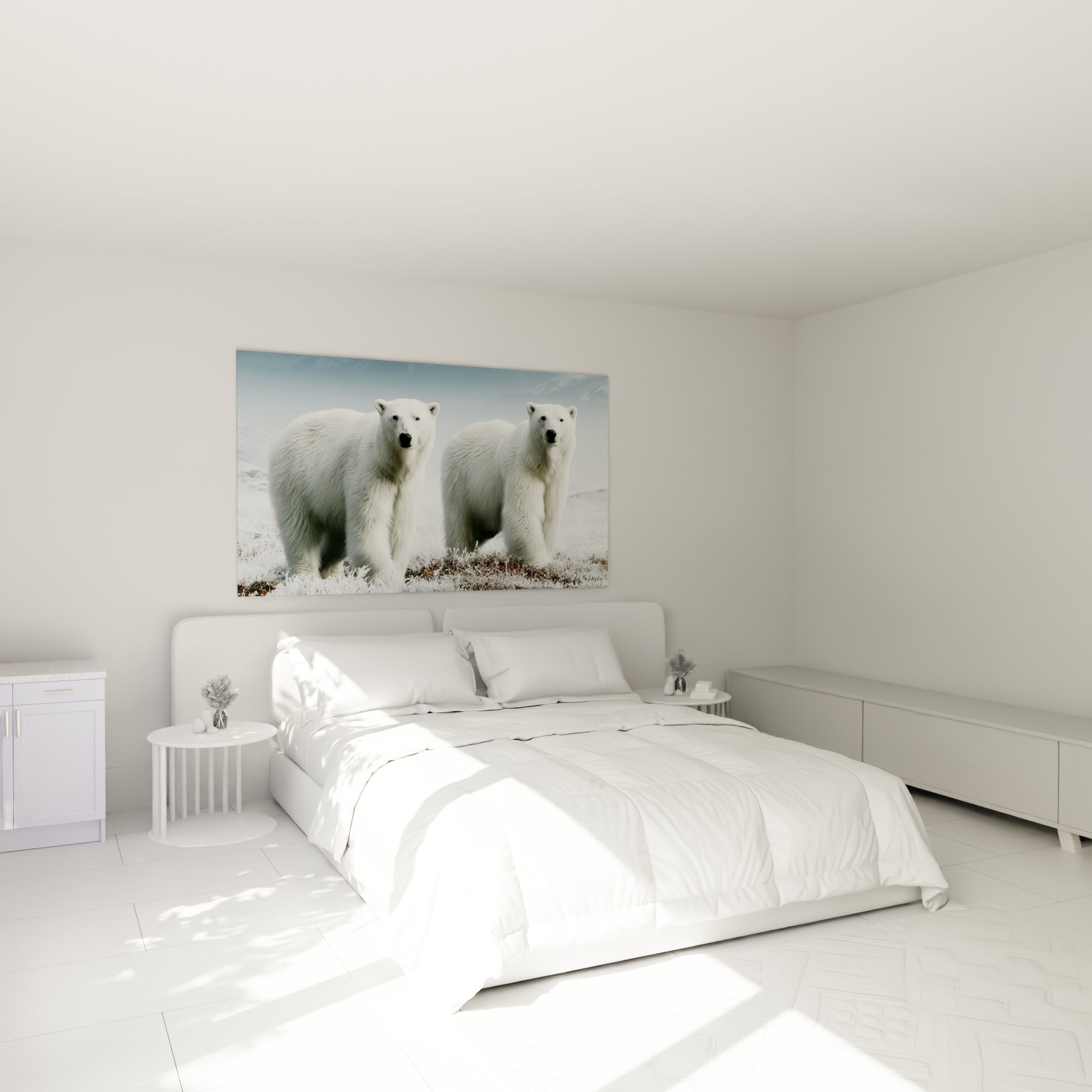 Ours polaires blancs et bleu glacé placés au-dessus d'un lit dans une chambre claire