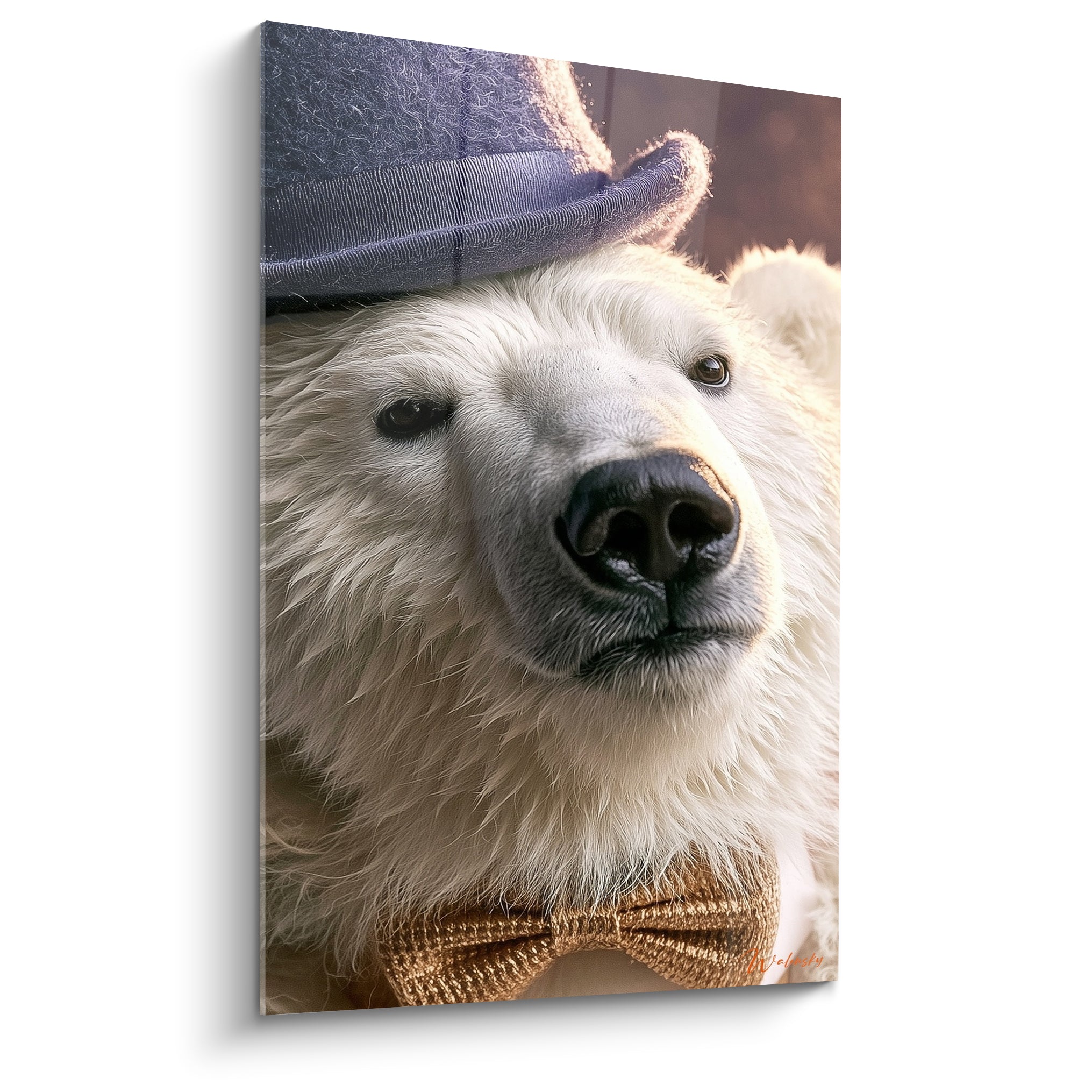 Ours polaire au museau noir, chapeau bleu marine et nœud papillon doré, portrait hyperréaliste
