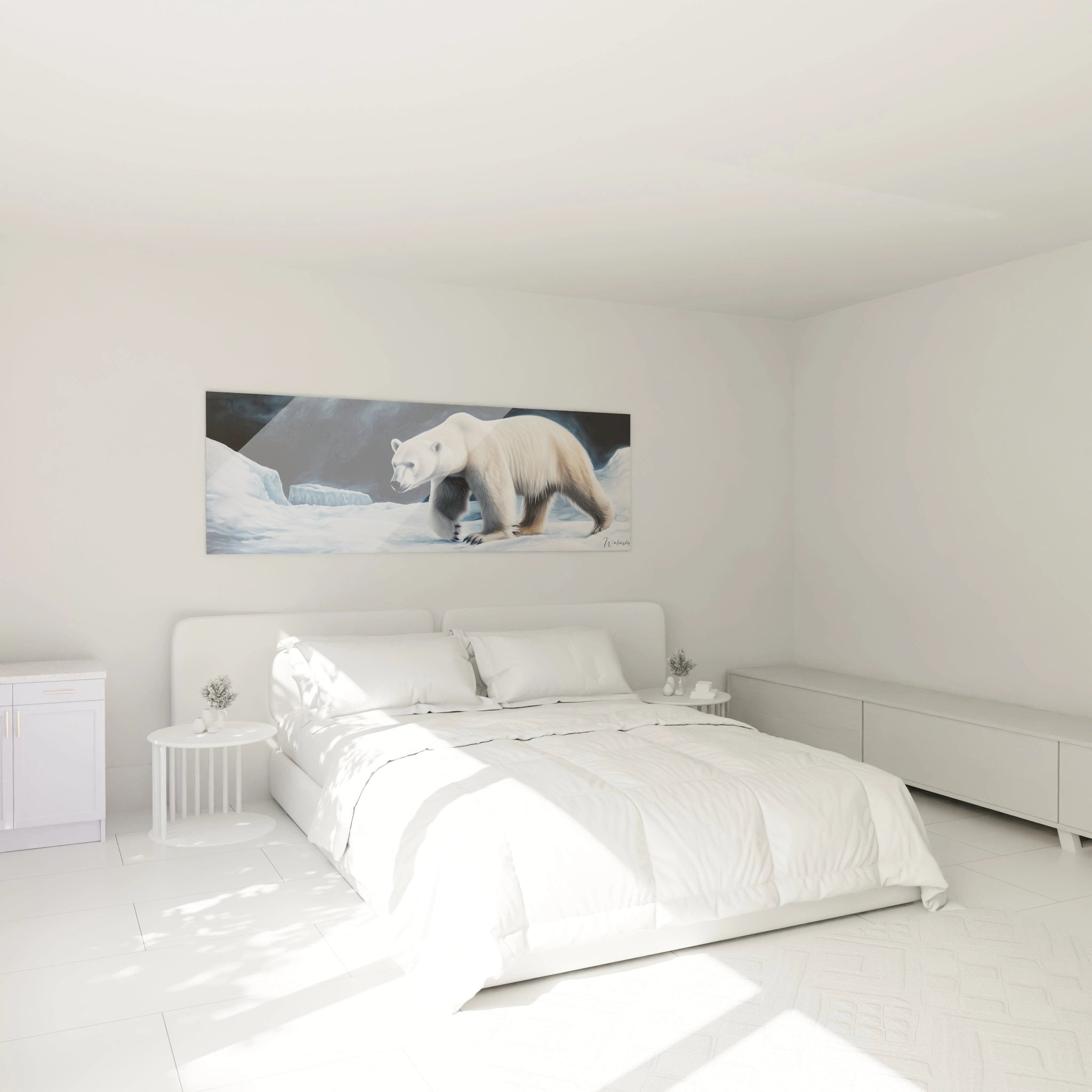 Tableau ours polaire Walensky accroché au-dessus d'un lit blanc dans une chambre minimaliste lumineuse