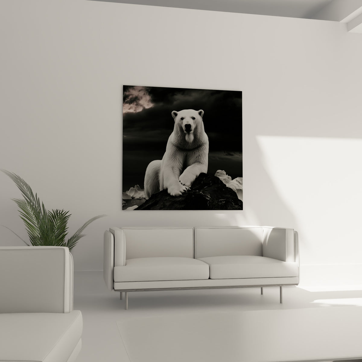 Ours polaire majestueux aux tons blancs et anthracite, suspendu au-dessus d'un canapé dans un salon lumineux