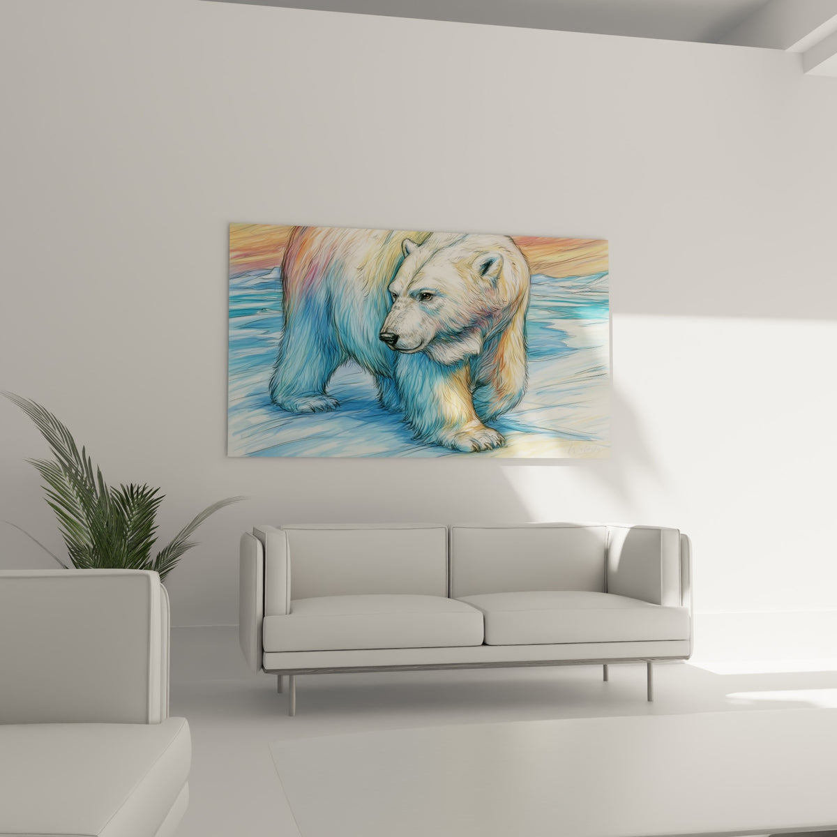 Silhouette d'ours polaire ocre et bleu ciel sur fond de ciel embrasé, au-dessus d'un canapé dans un salon lumineux
