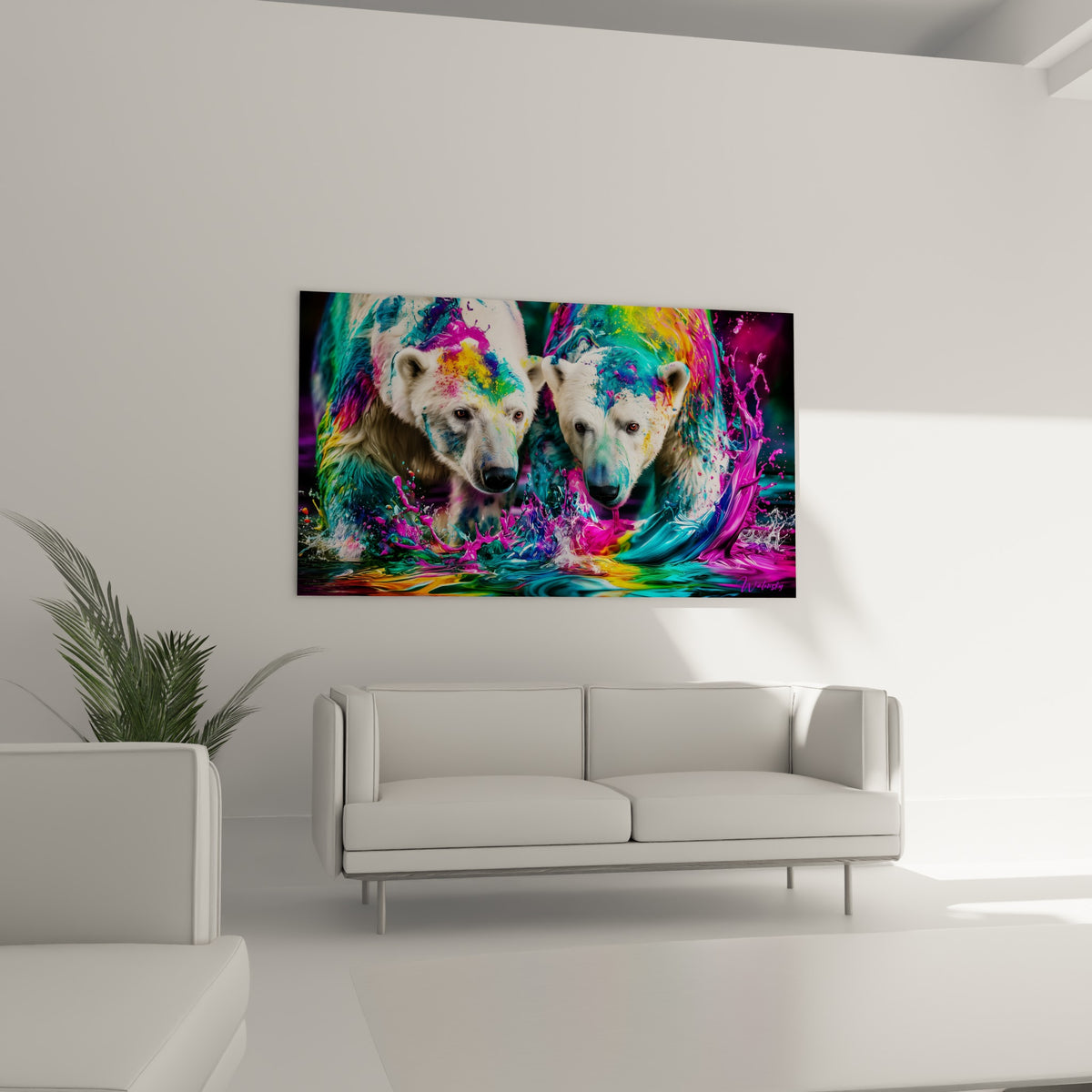 Duo d'ours polaires ocre et bleu turquoise suspendu au-dessus d'un canapé dans un salon lumineux