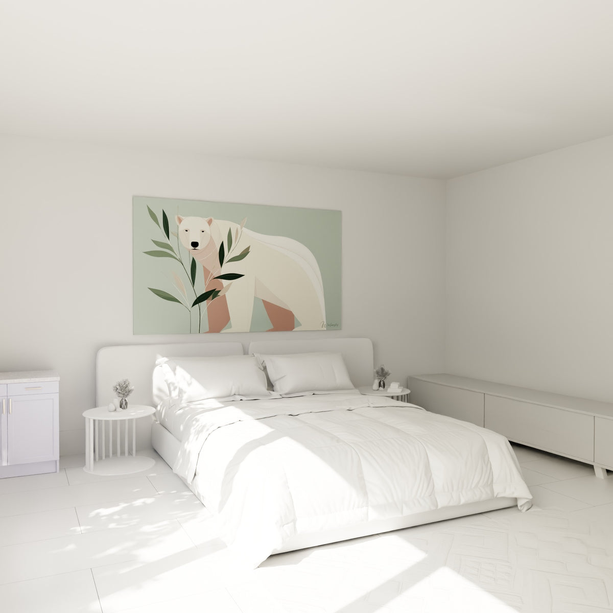 Silhouette d'ours polaire crème parmi des feuillages verts, au-dessus d'un lit dans une chambre claire