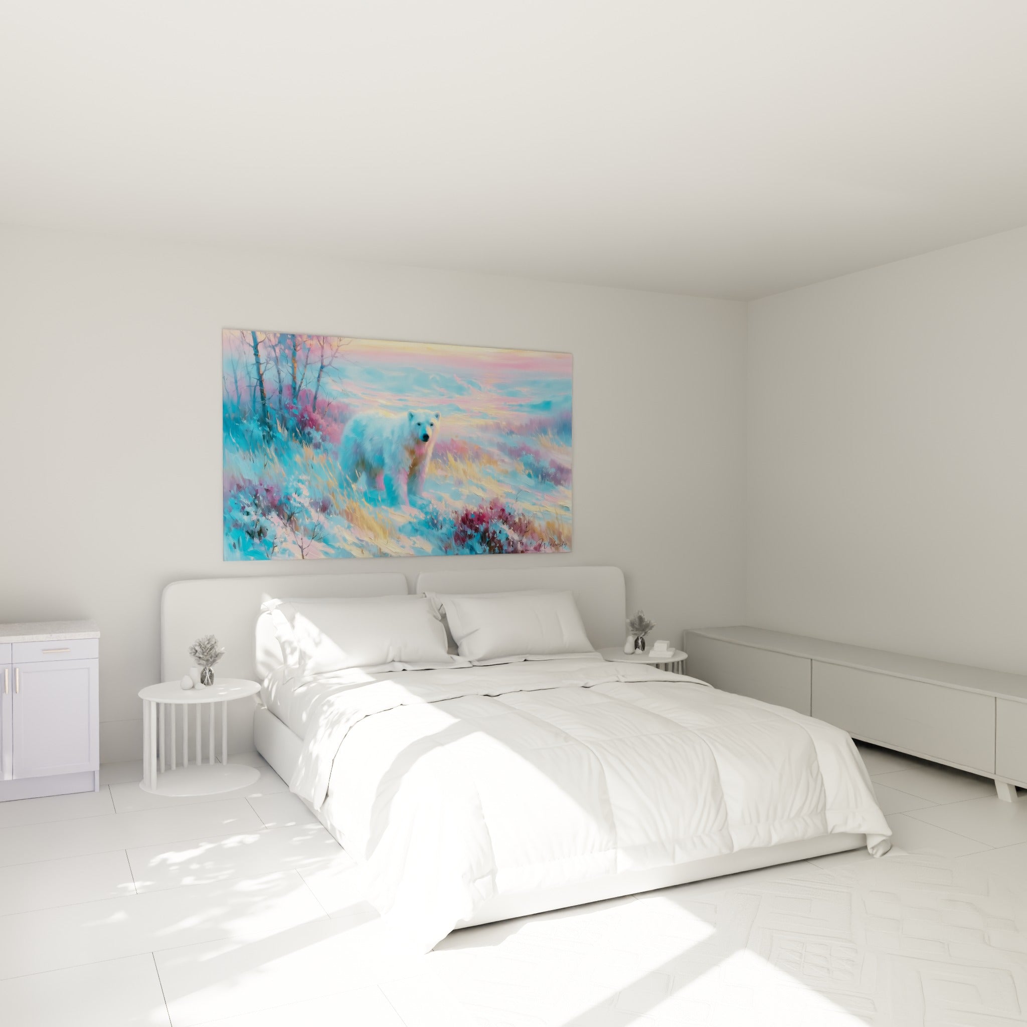 Ours polaire au regard direct sous un ciel rose et orangé, accroché au-dessus d'un lit dans une chambre claire