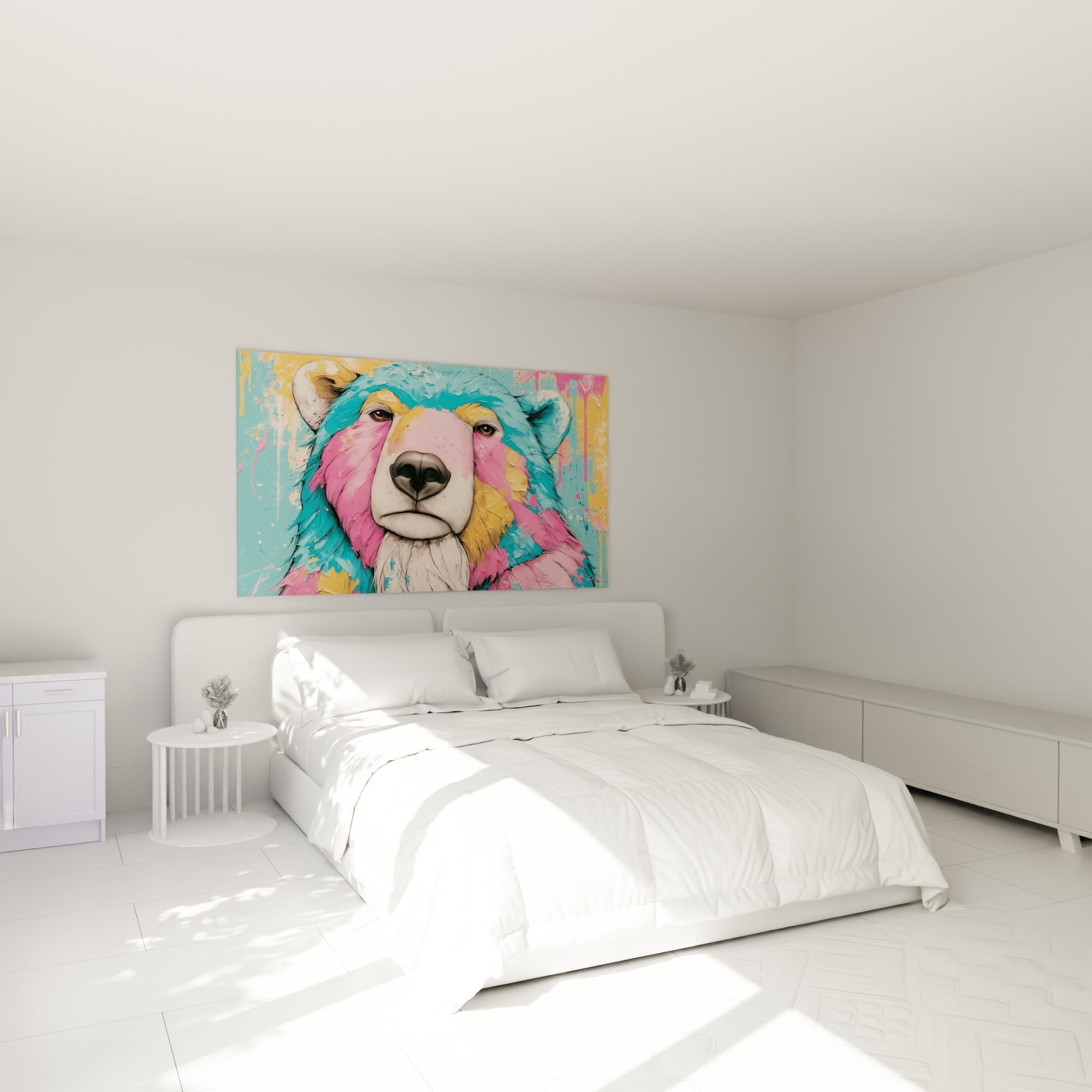 Portrait d'ours polaire rose et doré aux empâtements marqués, au-dessus d'un lit dans une chambre claire