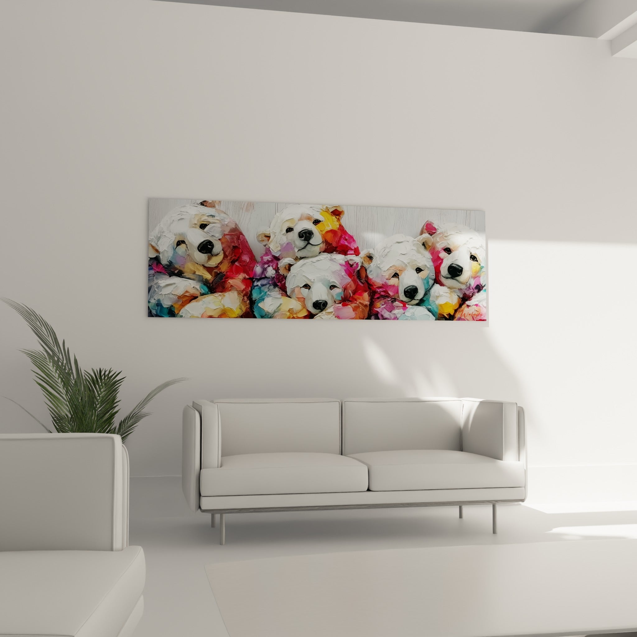 Tribu d'ours polaires colorés, éclats rouges et turquoise, au-dessus d'un canapé dans un salon lumineux
