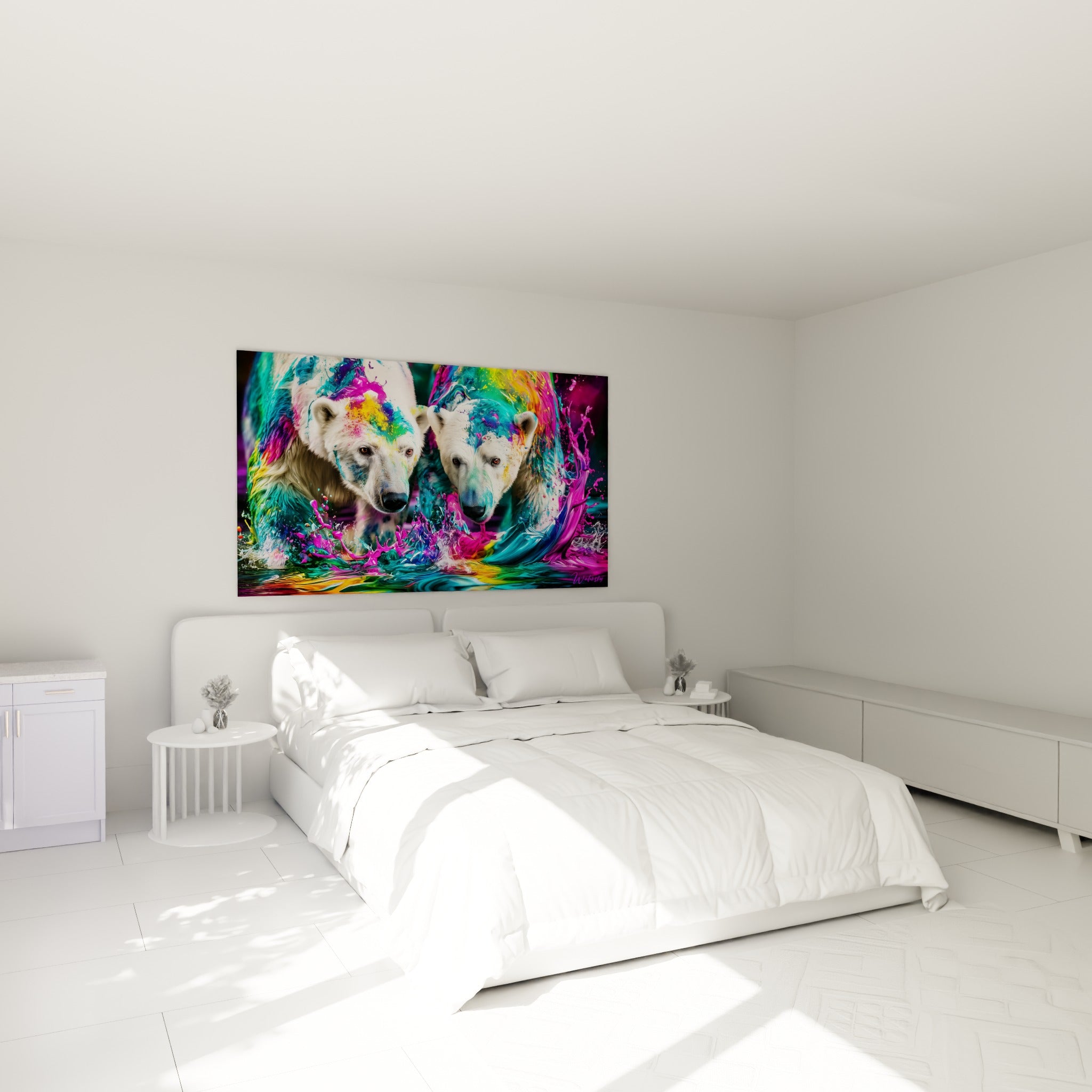 Ours polaires aux couleurs magenta et vert émeraude accrochés au-dessus d'un lit dans une chambre claire
