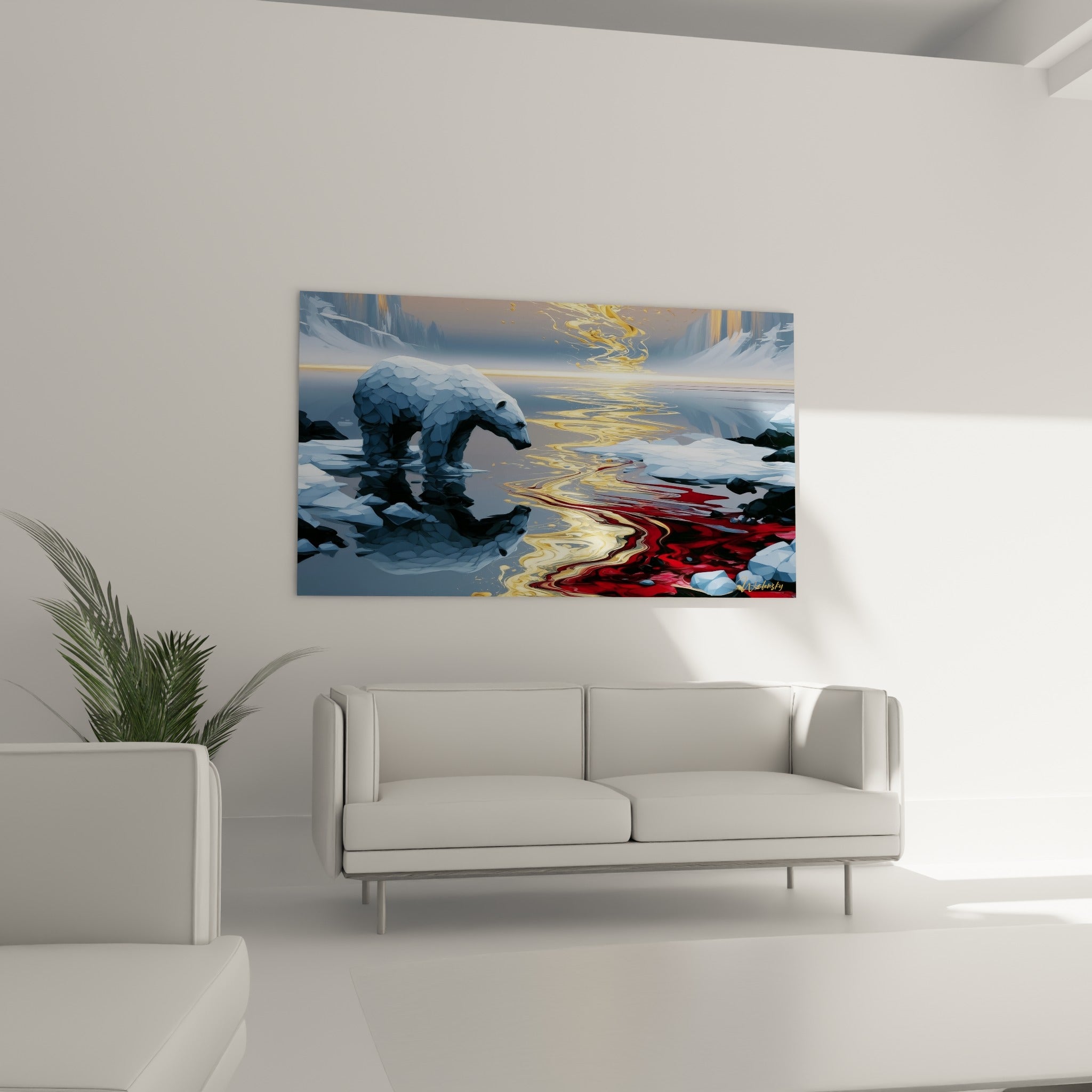 Ours polaire blanc et coulées rouges se reflétant dans l'eau, tableau au-dessus d'un canapé dans un salon lumineux