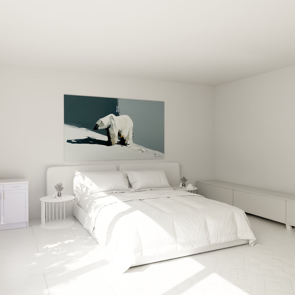 Silhouette d'ours polaire blanc et anthracite accrochée au-dessus d'un lit dans une chambre claire