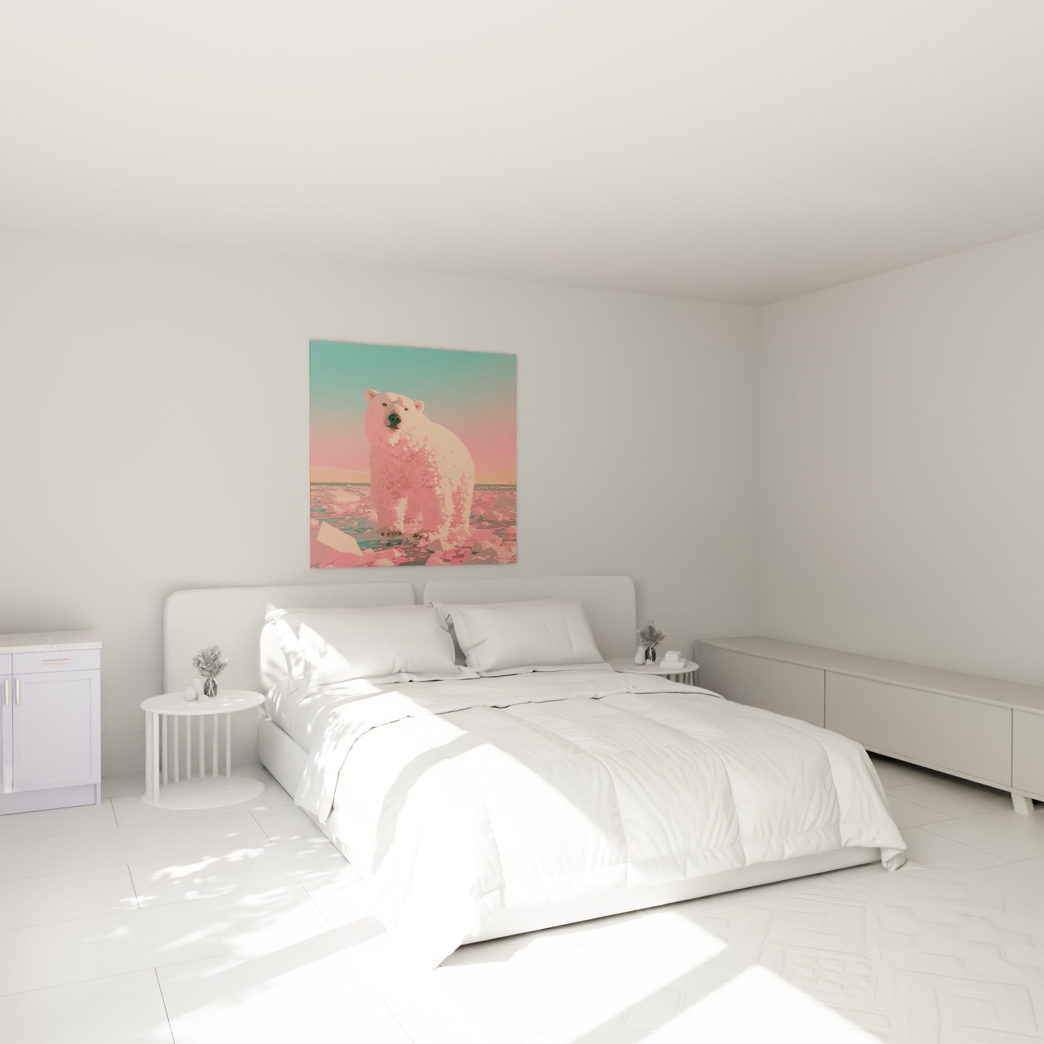 Ours polaire rose poudré et turquoise, silhouette géométrique, au-dessus d'un lit dans une chambre claire