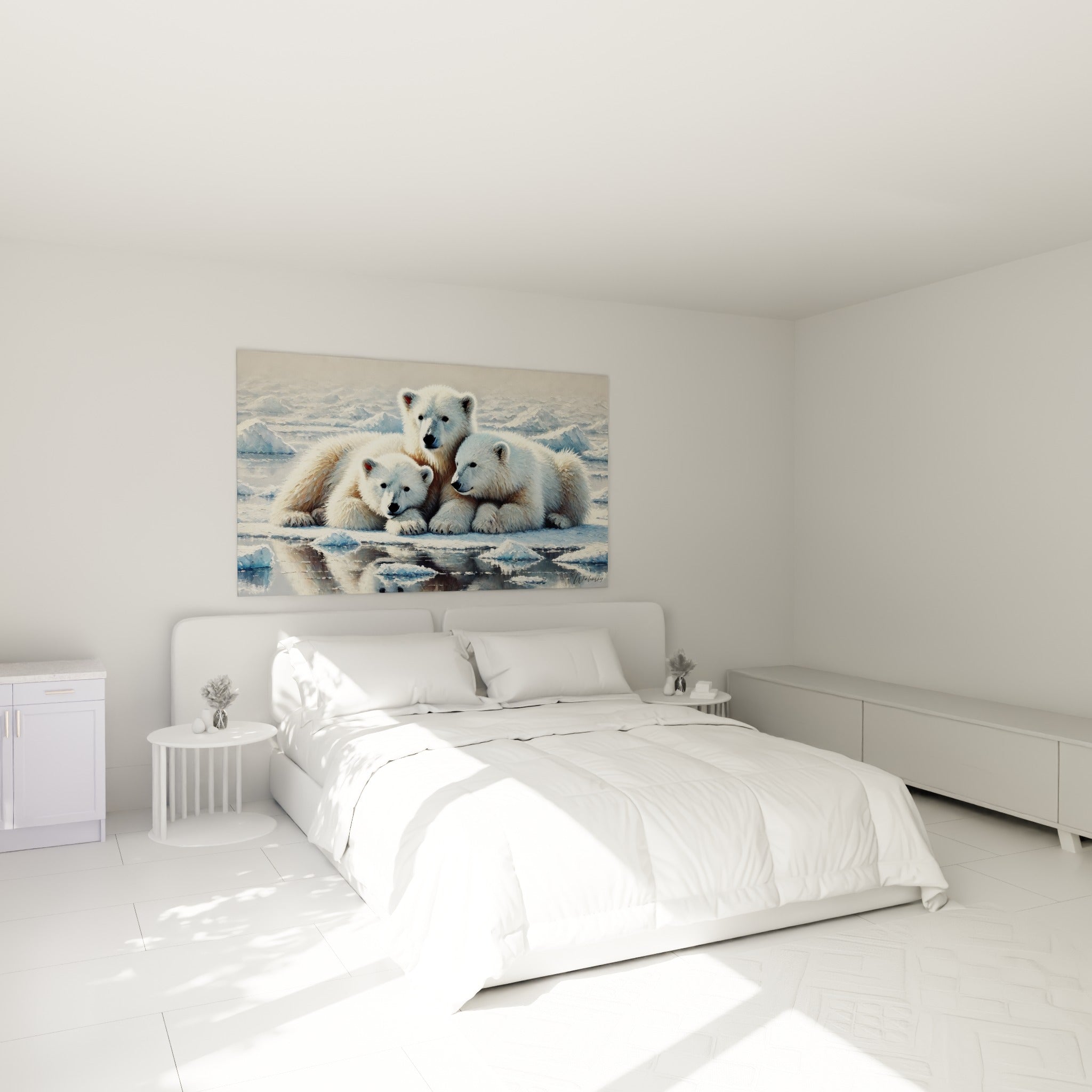 Oursons polaires blancs et ocre pâle reposant sur glace, accrochés au-dessus d'un lit dans une chambre claire