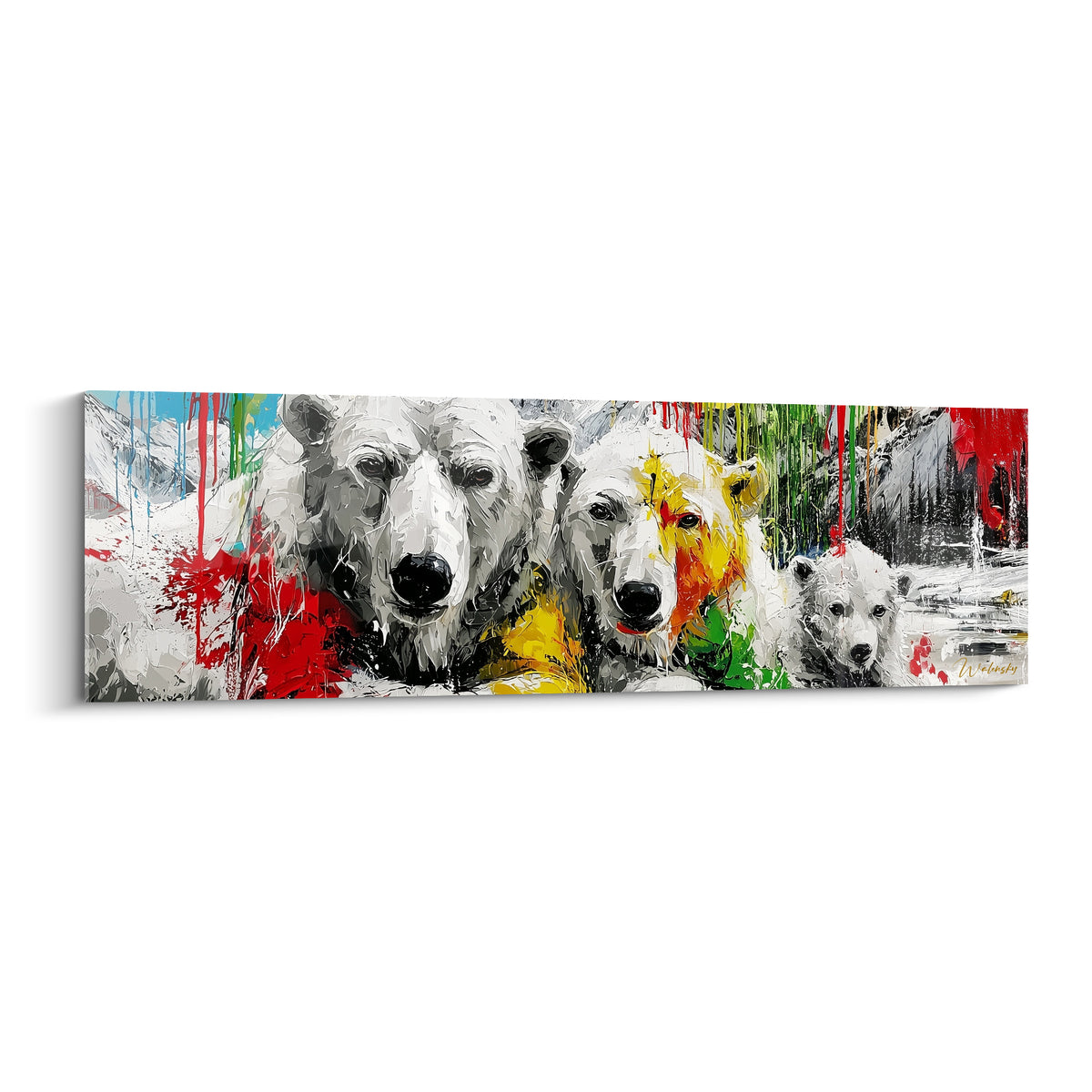 Famille d'ours polaires blancs aux coulures rouge et jaune, style pictural expressif et texturé
