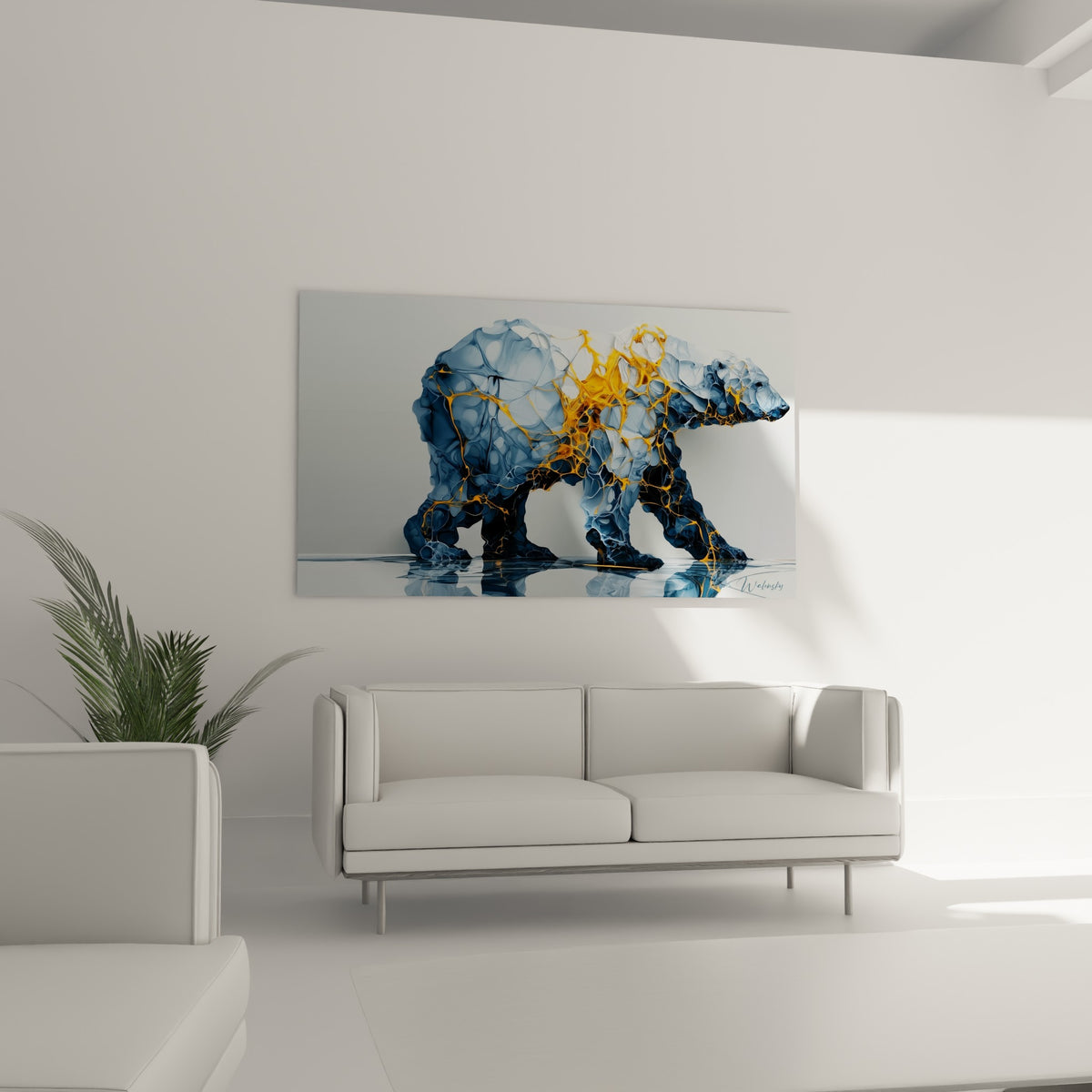 Ours polaire fauve doré aux textures fissurées, au-dessus d'un canapé dans un salon lumineux
