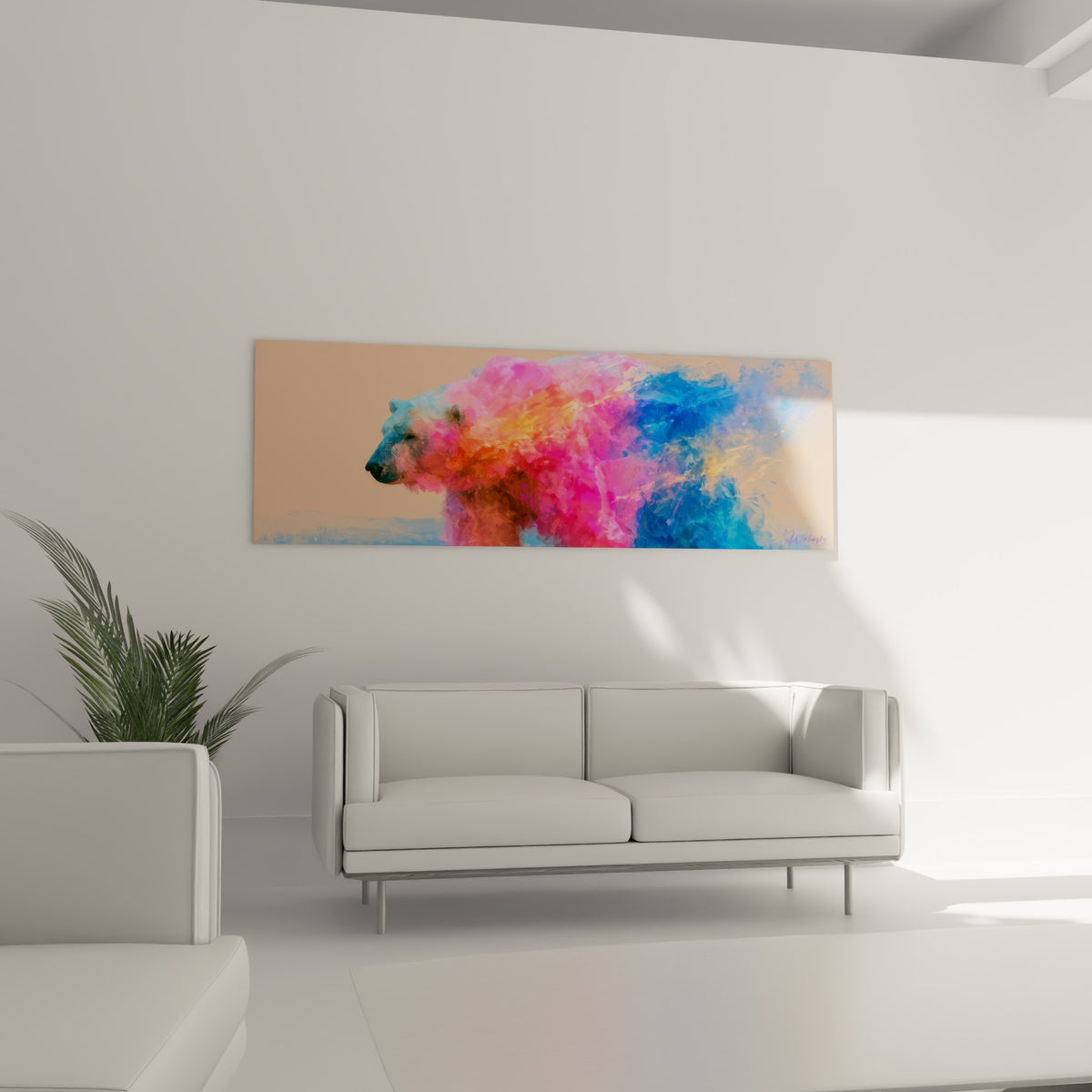 Animal polaire traversé de flammes roses et azur, accroché au-dessus d'un canapé dans un salon lumineux.