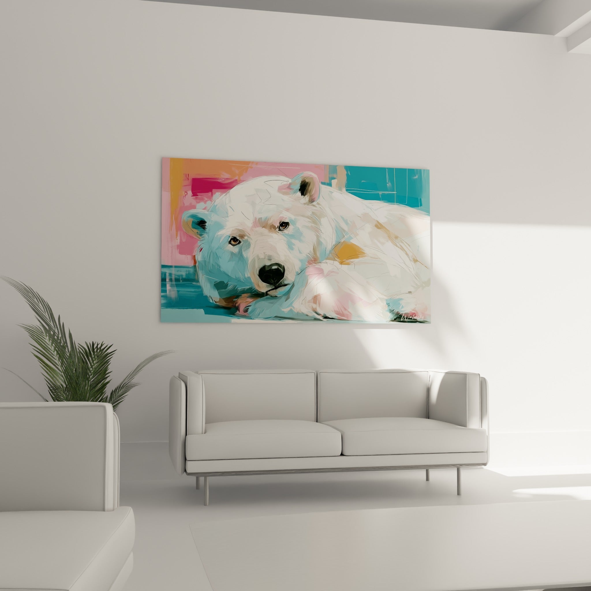 Tête d'ours polaire posée sur ses pattes, tons pastel rose et bleu, au-dessus d'un canapé dans un salon lumineux