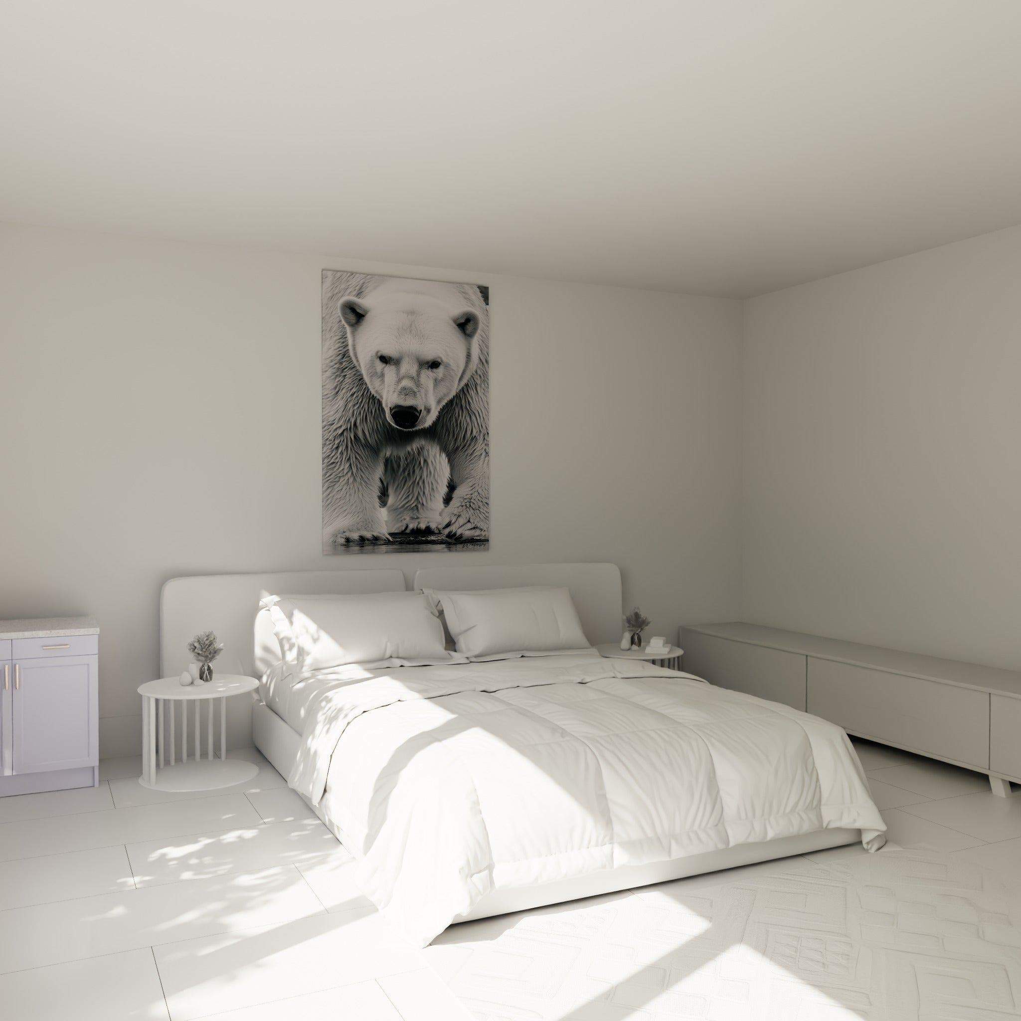 Ours polaire au pelage blanc et anthracite, museau noir, au-dessus d'un lit dans une chambre claire
