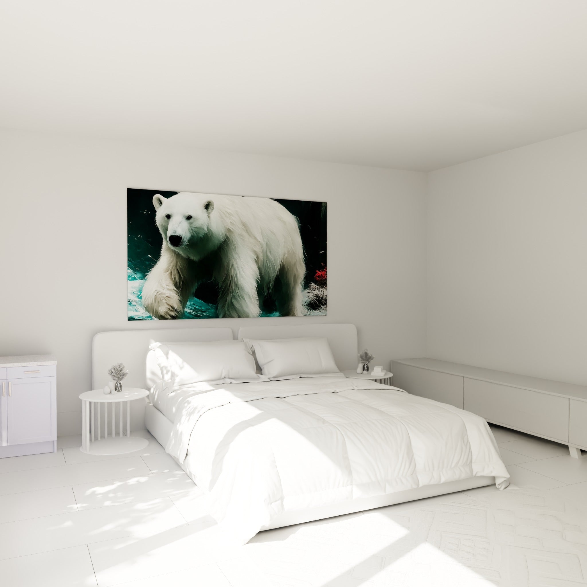Ours polaire blanc au pelage épais et reflets turquoise, accroché au-dessus d'un lit dans une chambre claire