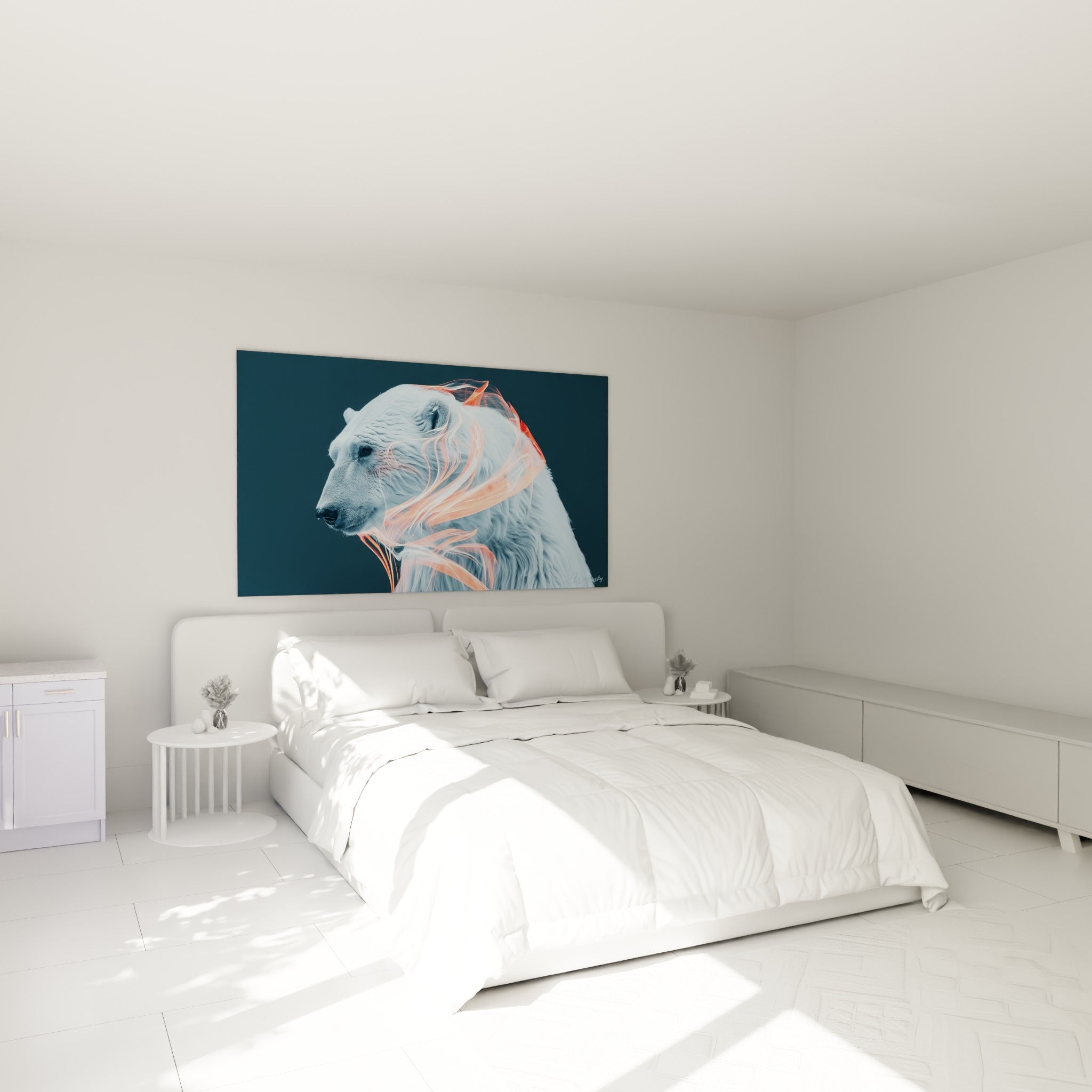 Fourrure blanche et rubans corail de l'ours polaire, tableau accroché au-dessus d'un lit dans une chambre claire