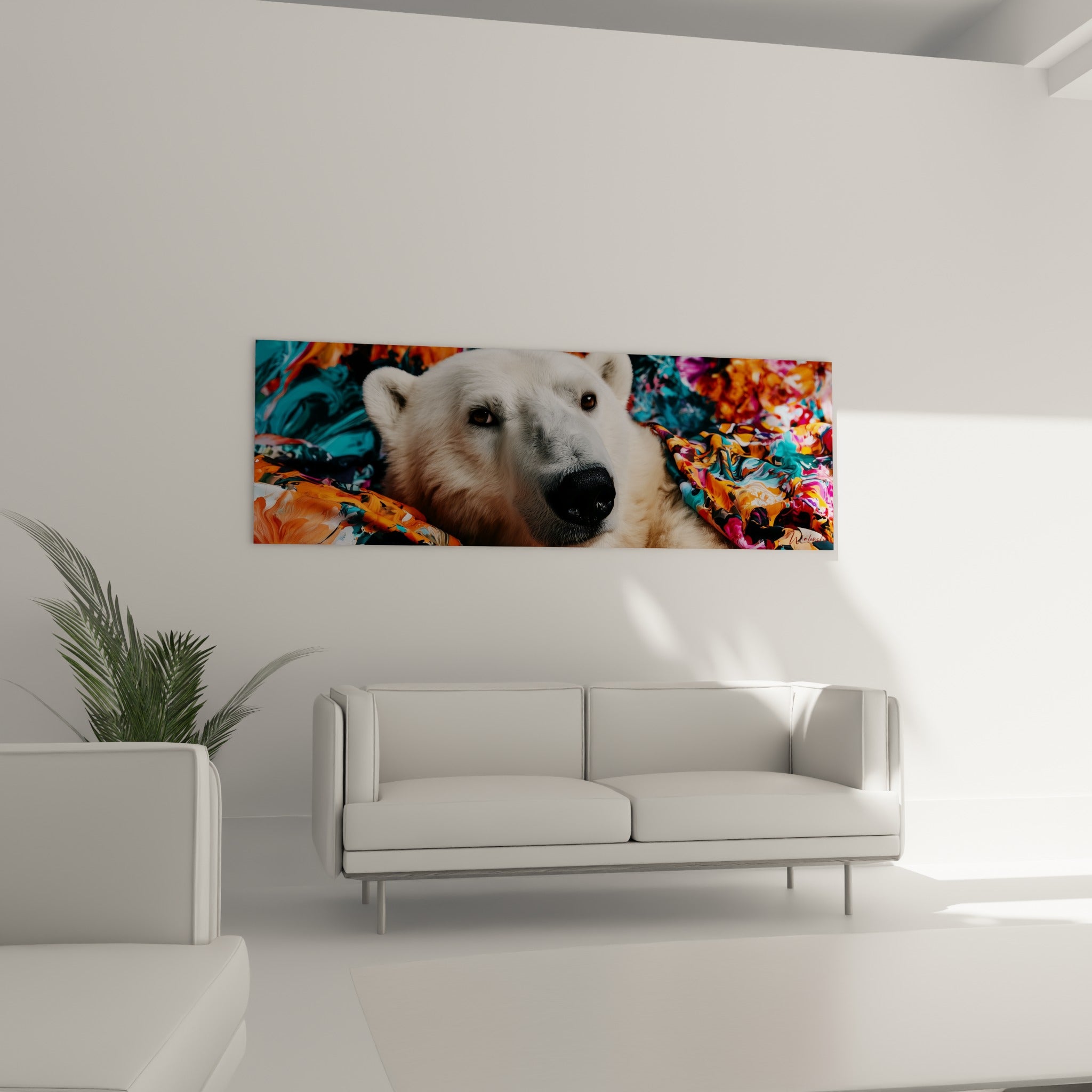 Fourrure blanche de l'ours polaire contrastant avec des étoffes orange vif, au-dessus d'un canapé dans un salon lumineux