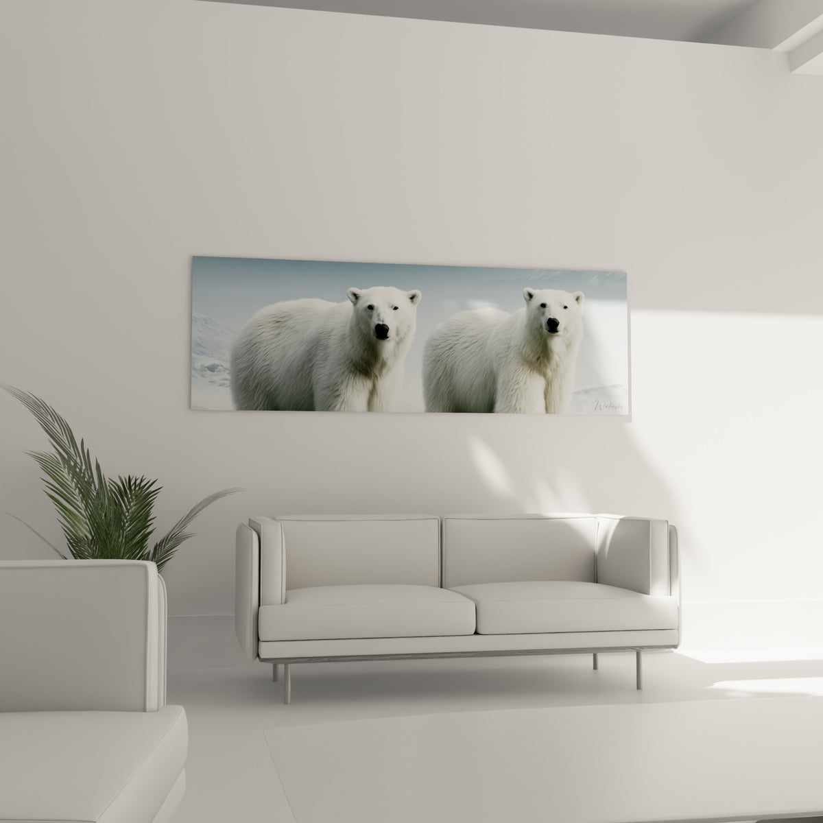 Ours polaires blancs sur banquise bleutée accrochés au-dessus d'un canapé dans un salon lumineux