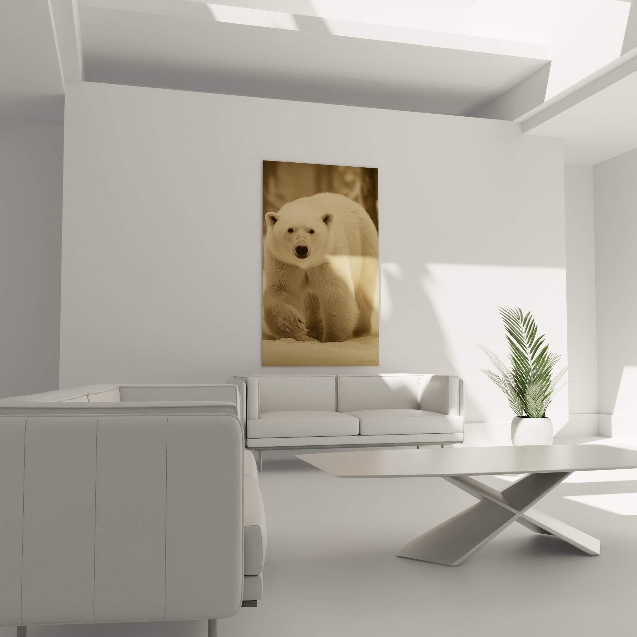 Ours polaire beige aux yeux sombres, fourrure texturée sépia, au-dessus d'un canapé dans un salon lumineux