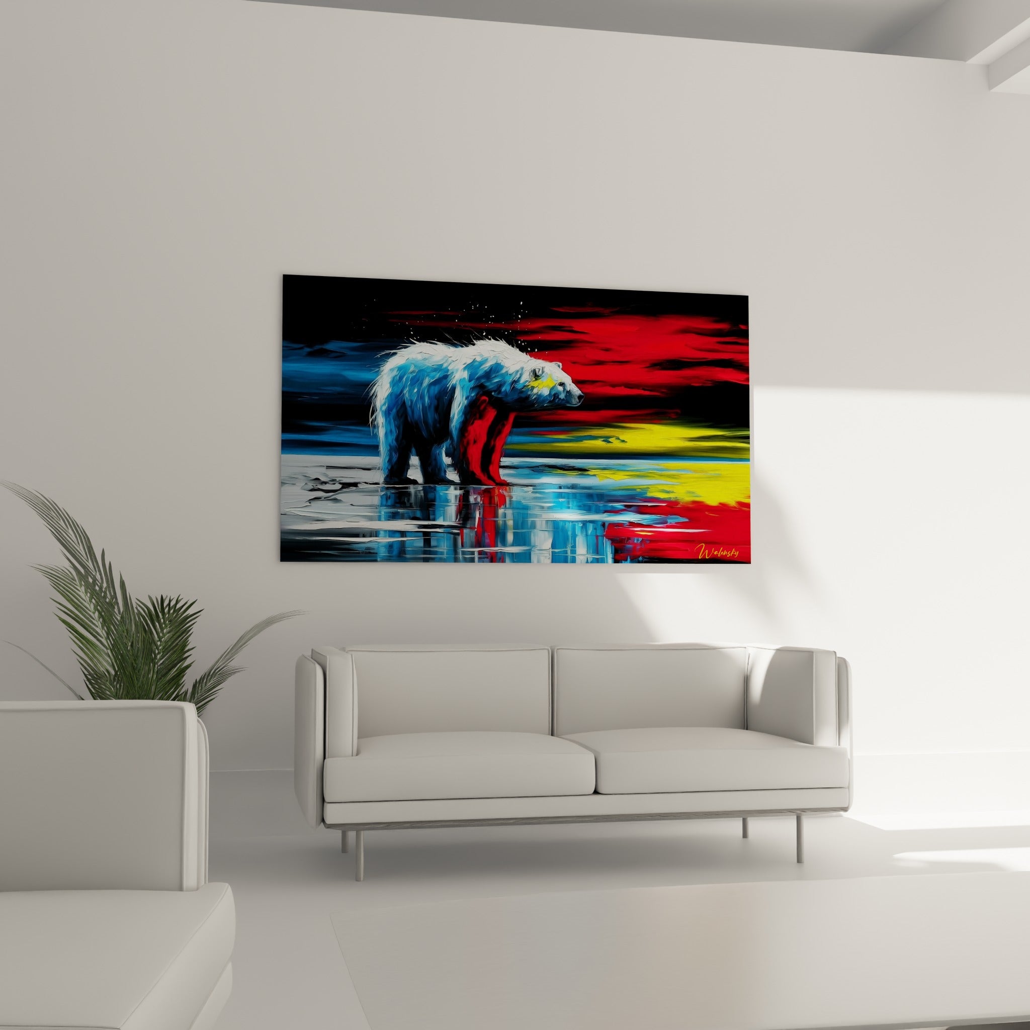 Fourrure épaisse d'ours polaire bleu et blanc affichée au-dessus d'un canapé dans un salon lumineux