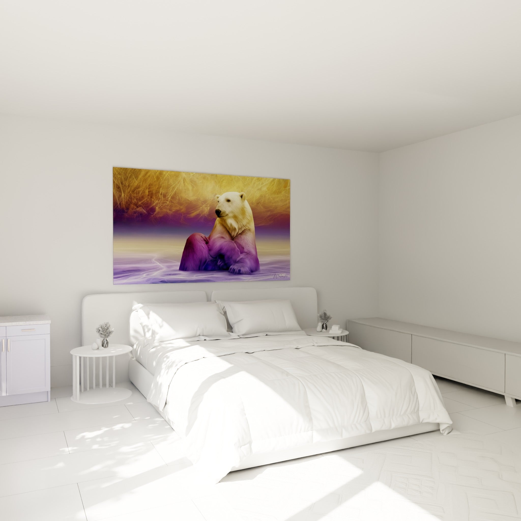 Silhouette d'ours polaire aux teintes violettes et dorées, au-dessus d'un lit dans une chambre claire