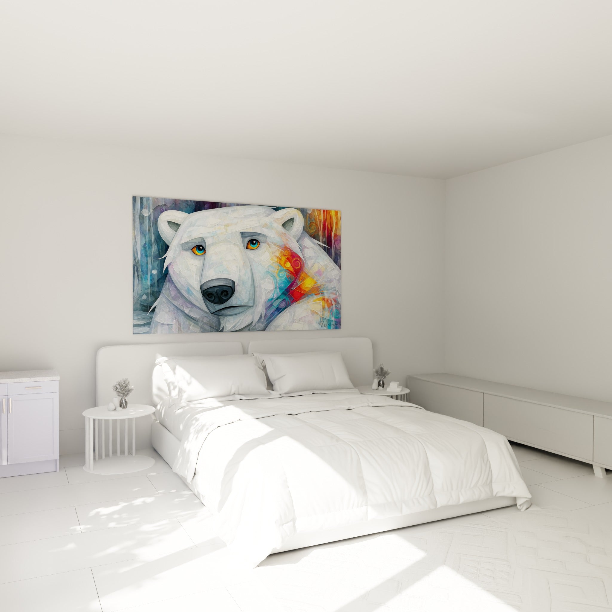 Portrait fragmenté d'ours polaire blanc et orangé accroché au-dessus d'un lit dans une chambre claire