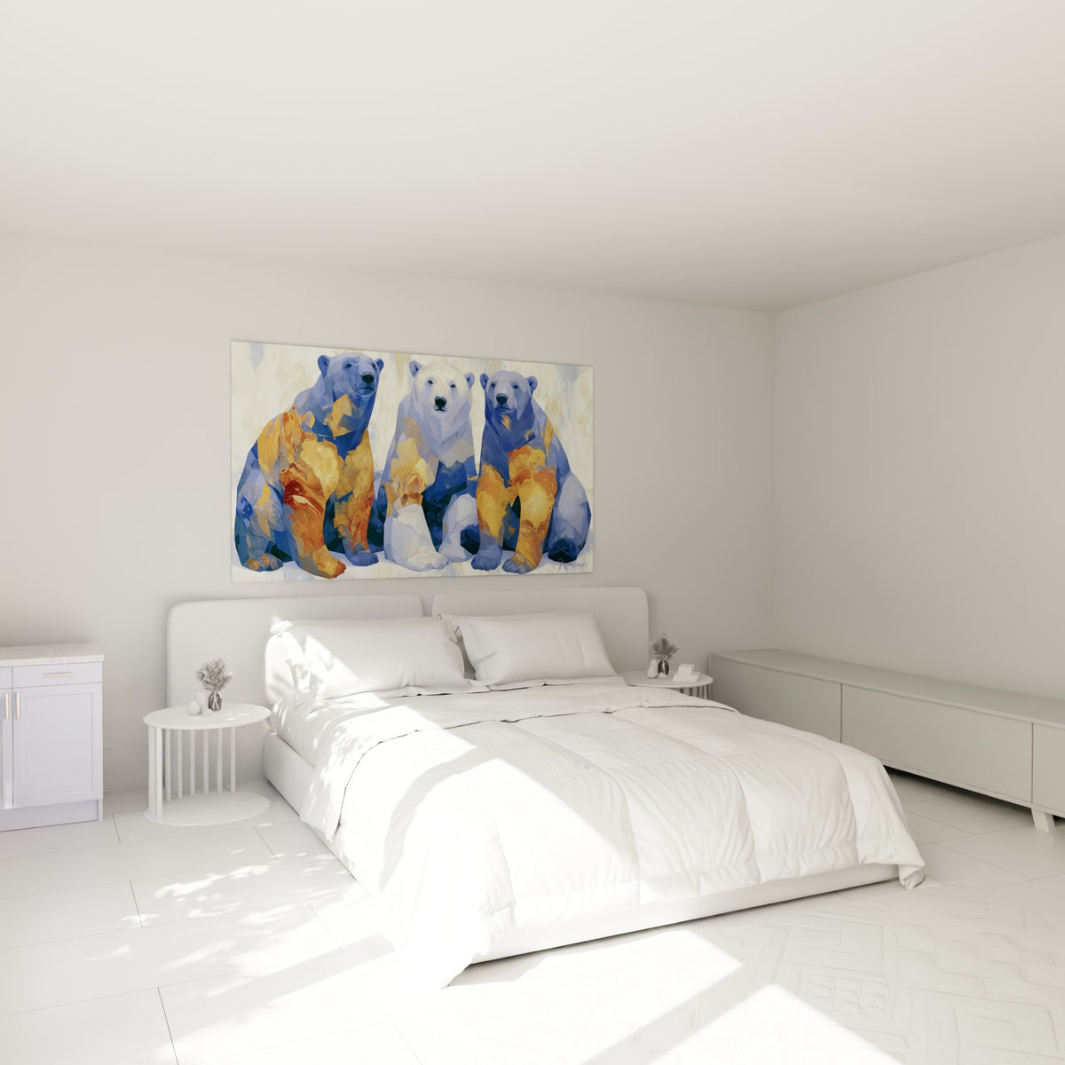 Fratrie d'ours polaires bleu ardoise et orangé rouille, accrochée au-dessus d'un lit dans une chambre claire