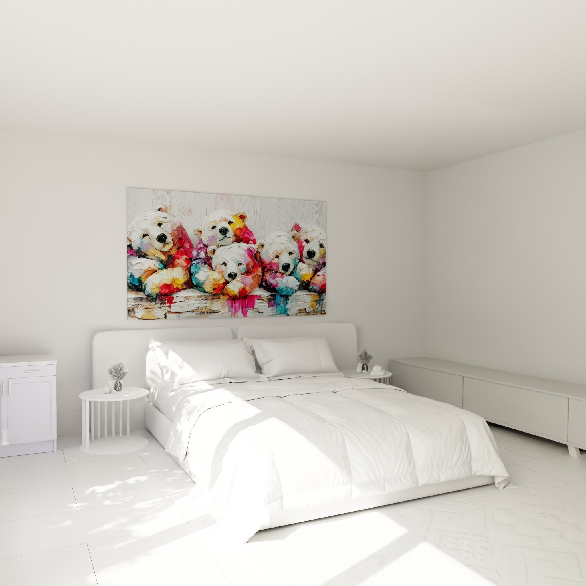 Cinq têtes d'ours polaire colorées de doré et rose, accrochées au-dessus d'un lit dans une chambre claire